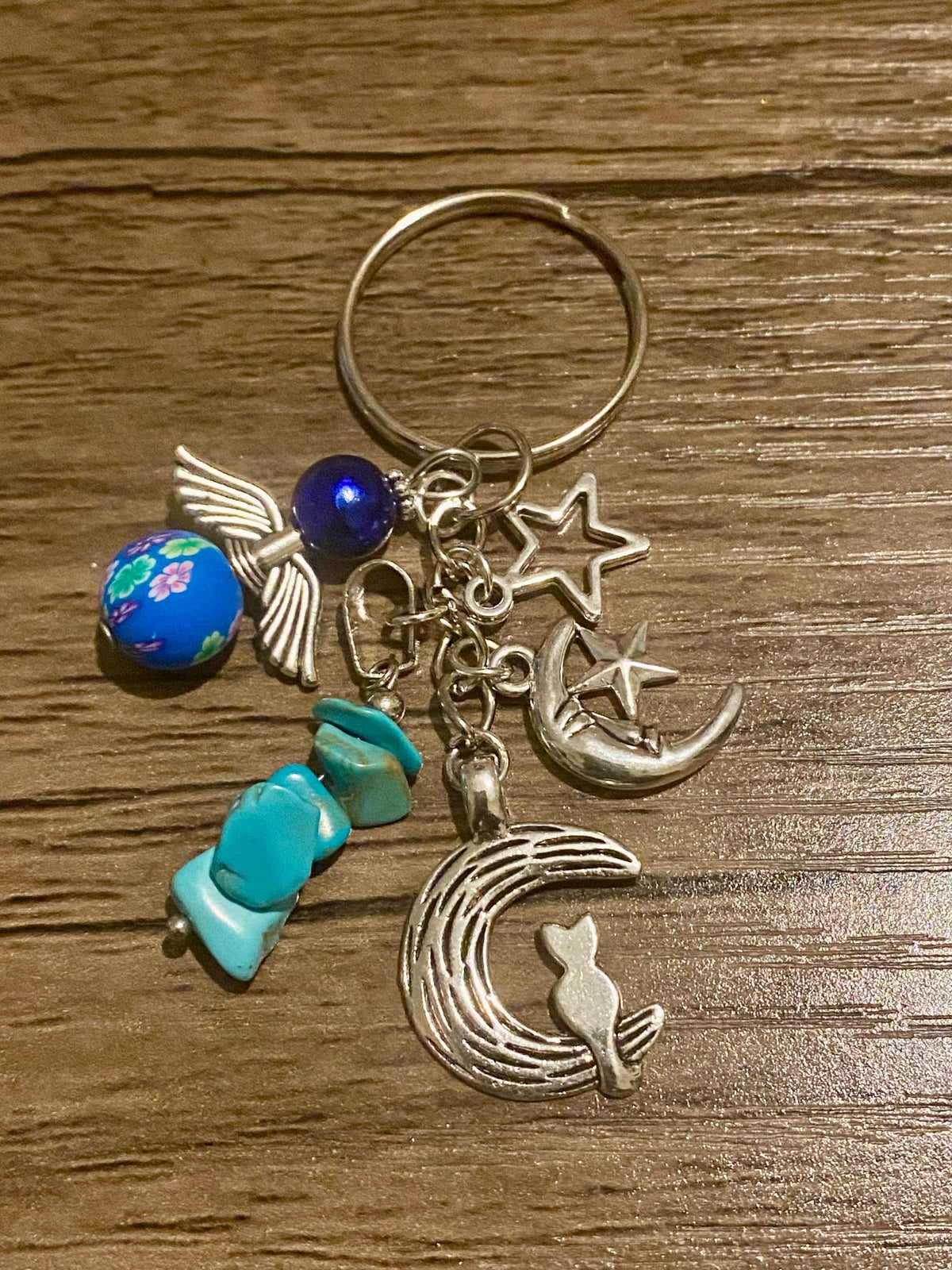 Turquoise Moon & Cat Keychain | Silver Star Celestial Charm | Healing Crystal Keyring | Spiritual Boho Gift for Her