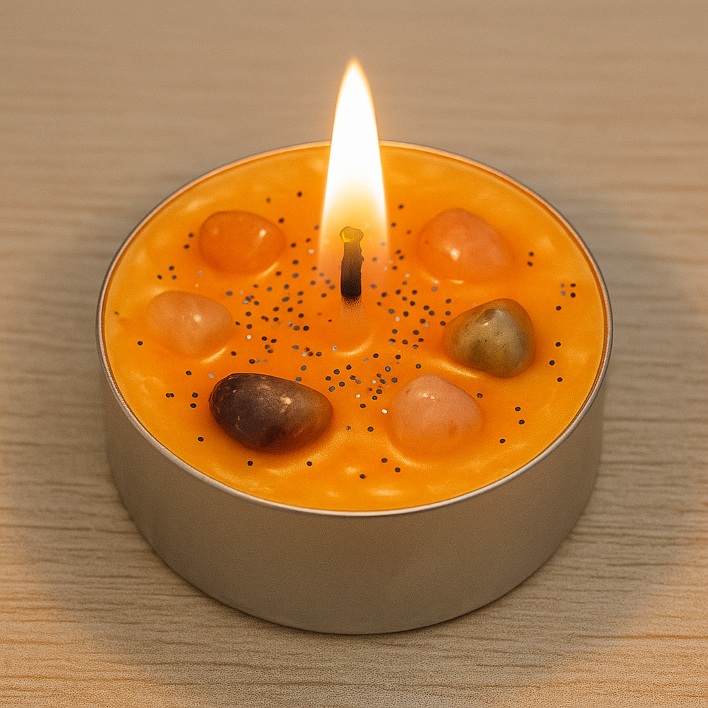 Crystal Infused Tealight Candle | Orange Wax with Gemstones | Spiritual Halloween Candle | Divine Gifts