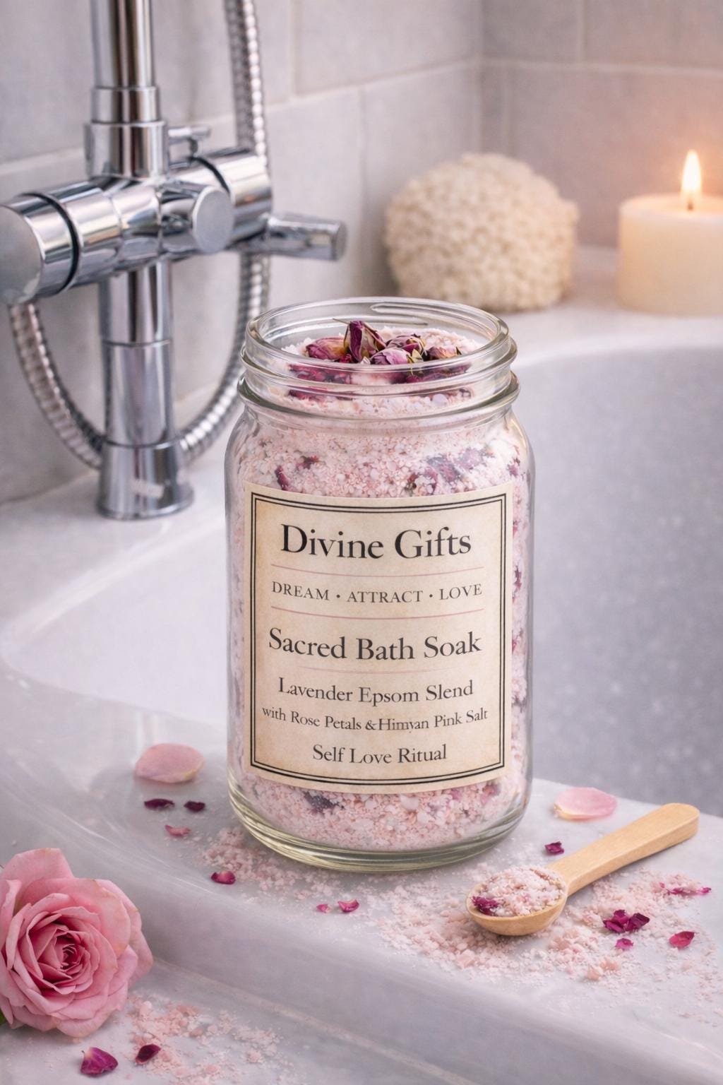 Lavender Epsom Bath Soak – Divine Gifts Rose Bath Salts, Self Love Ritual, Relaxing Spa Bath, Himalayan Pink Salt, Gift for Her UK