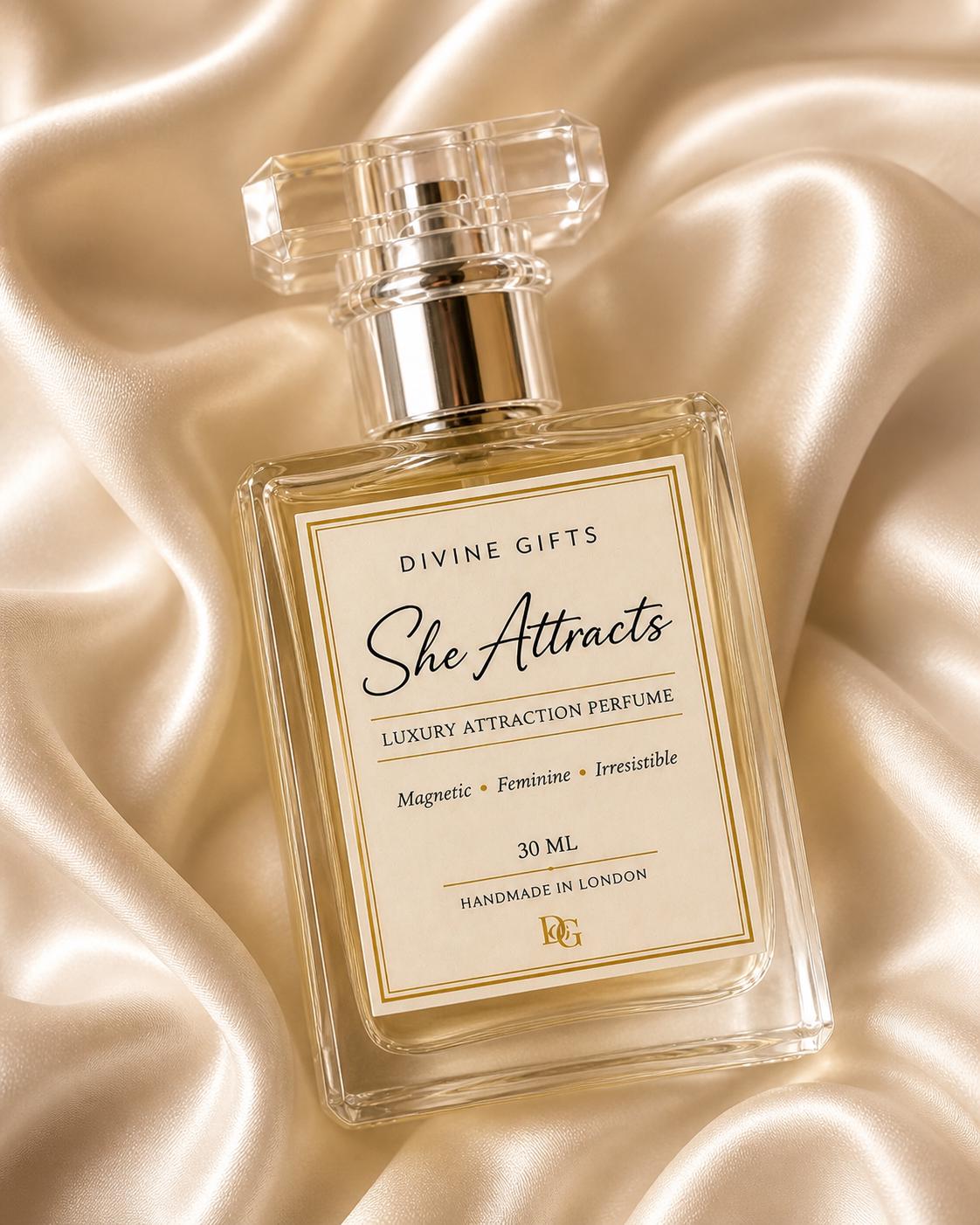 She Attracts Perfume Set | Luxury Feminine Fragrance | 30ml Spray & 10ml Roll On | Vanilla Musk Patchouli Scent | Gift for Her UK