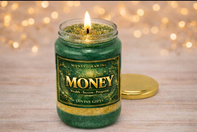 Money Drawing Candle | Prosperity and Abundance Spell Candle | Wealth, Success and Manifestation | Green & Gold Ritual Candle
