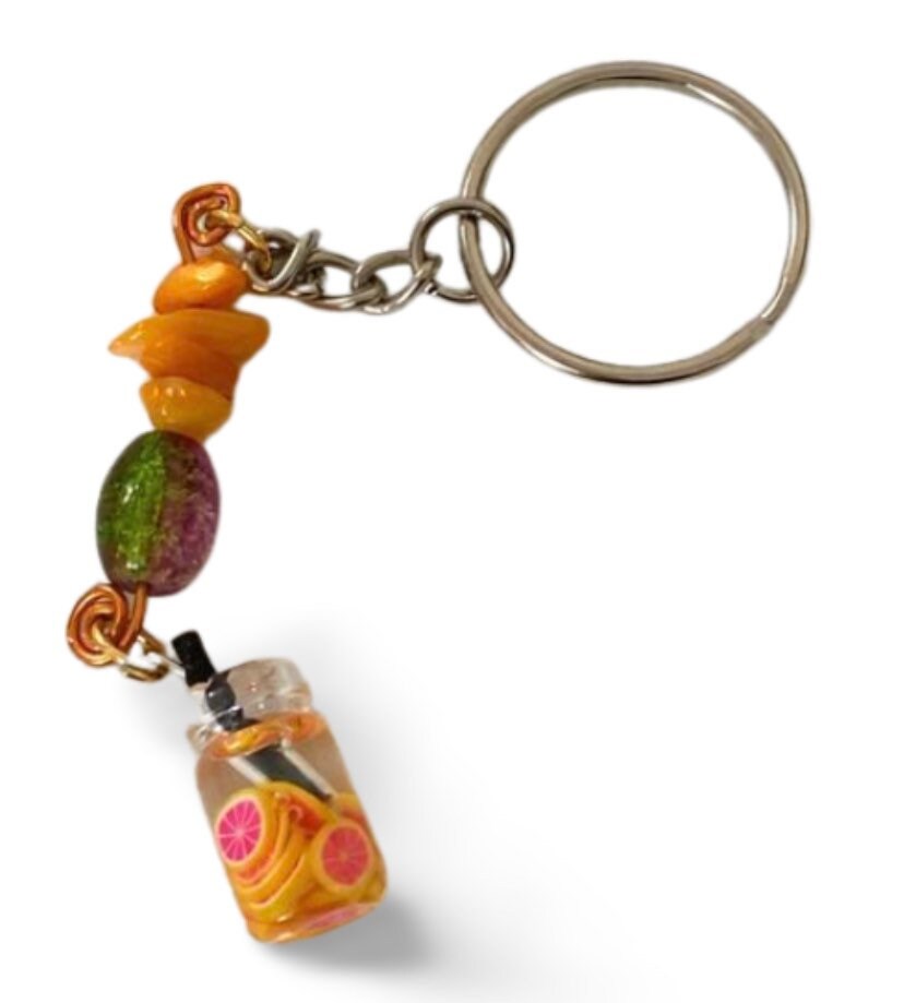 Orange Calcite Crystal Multi Charm Copper Keyring: Mason Jar Charm