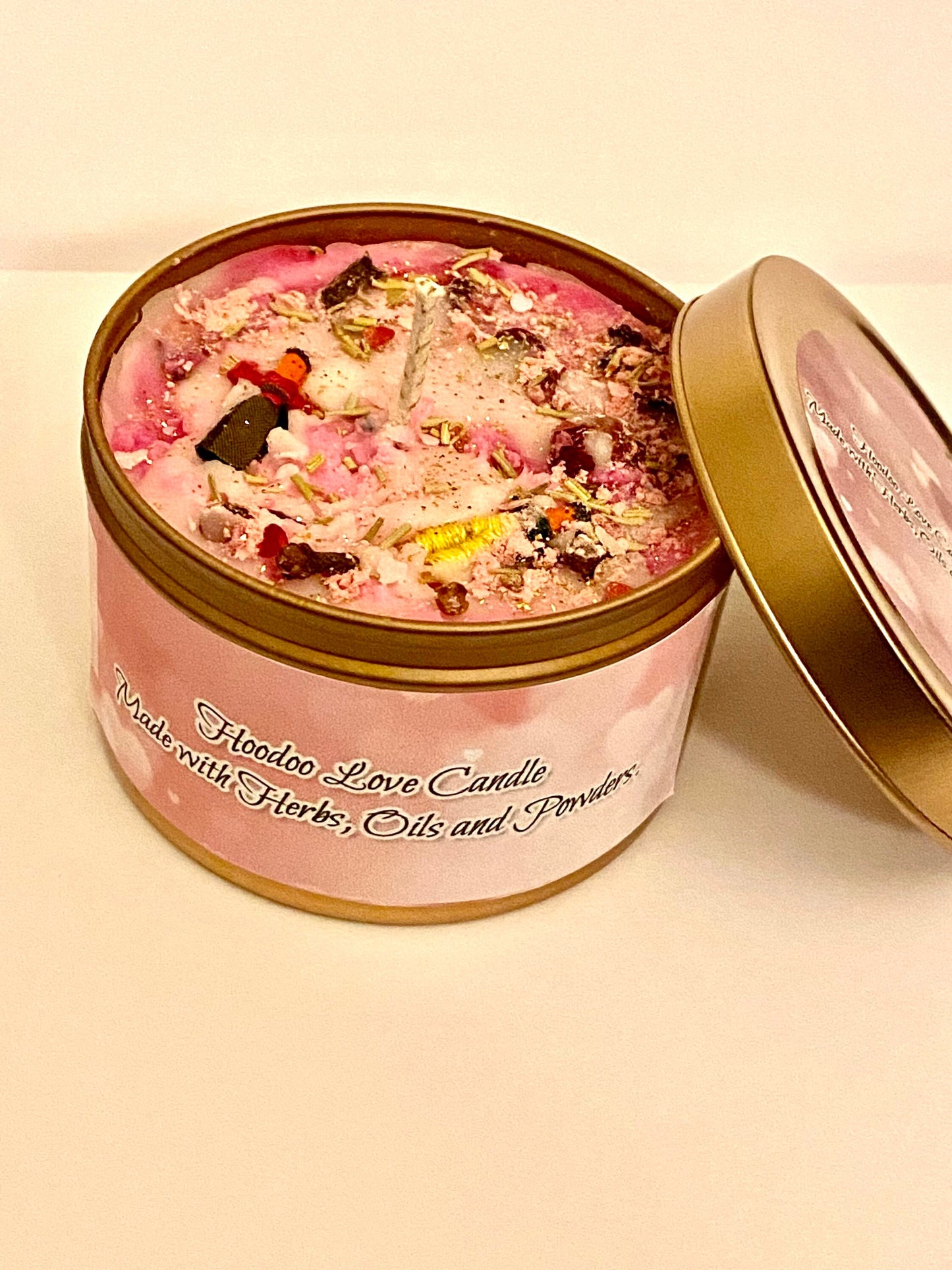Hoodoo Magical Love Dolls in a Candle made with hoodoo oils, herbs, flowers and Crystals. 8oz, Love Candle