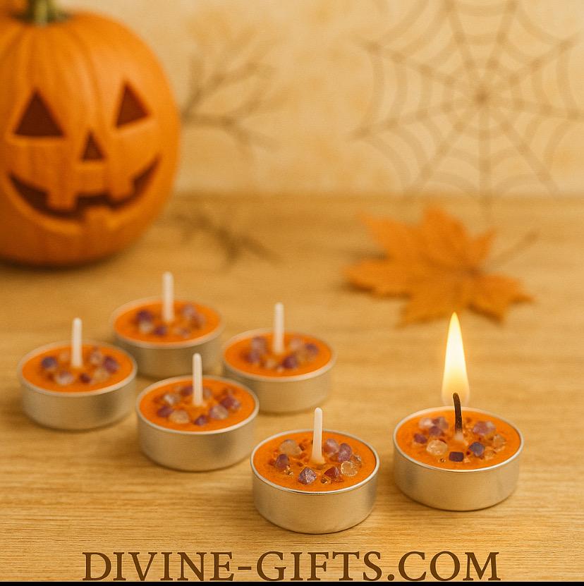 Crystal Infused Tealight Candle | Orange Wax with Gemstones | Spiritual Halloween Candle | Divine Gifts