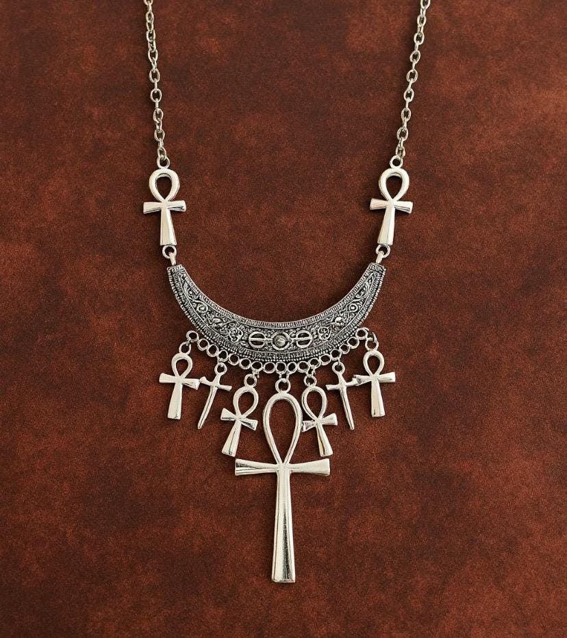 Ankh Necklace – Silver Crescent Pendant with Ankh Charms | Egyptian Jewelry | Spiritual Goddess Boho Festival Necklace