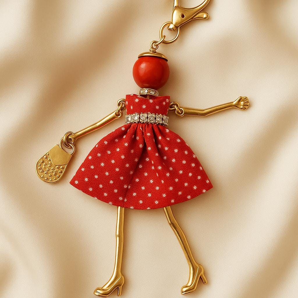 Red Polka Dot Fashion Doll Keychain – Elegant Gold Charm Accessory | Gift for Her | Perfect Bag Accessory or Gift for Her, Charm, Jewellery.