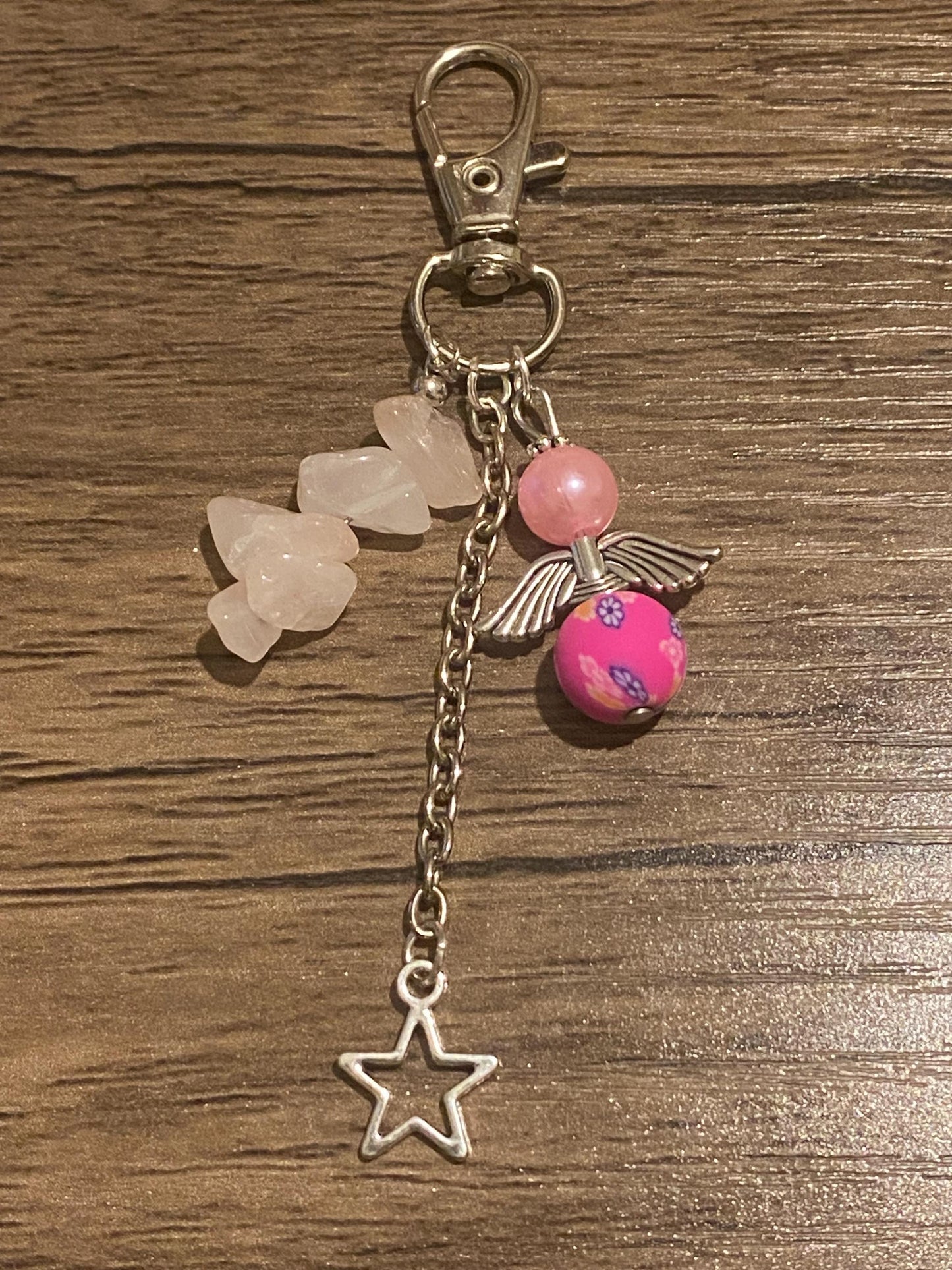 Rose Quartz Angel Keychain | Pink Floral Bead Star Charm | Healing Crystal Gift | Self Love & Protection Keyring | Spiritual Boho Gift