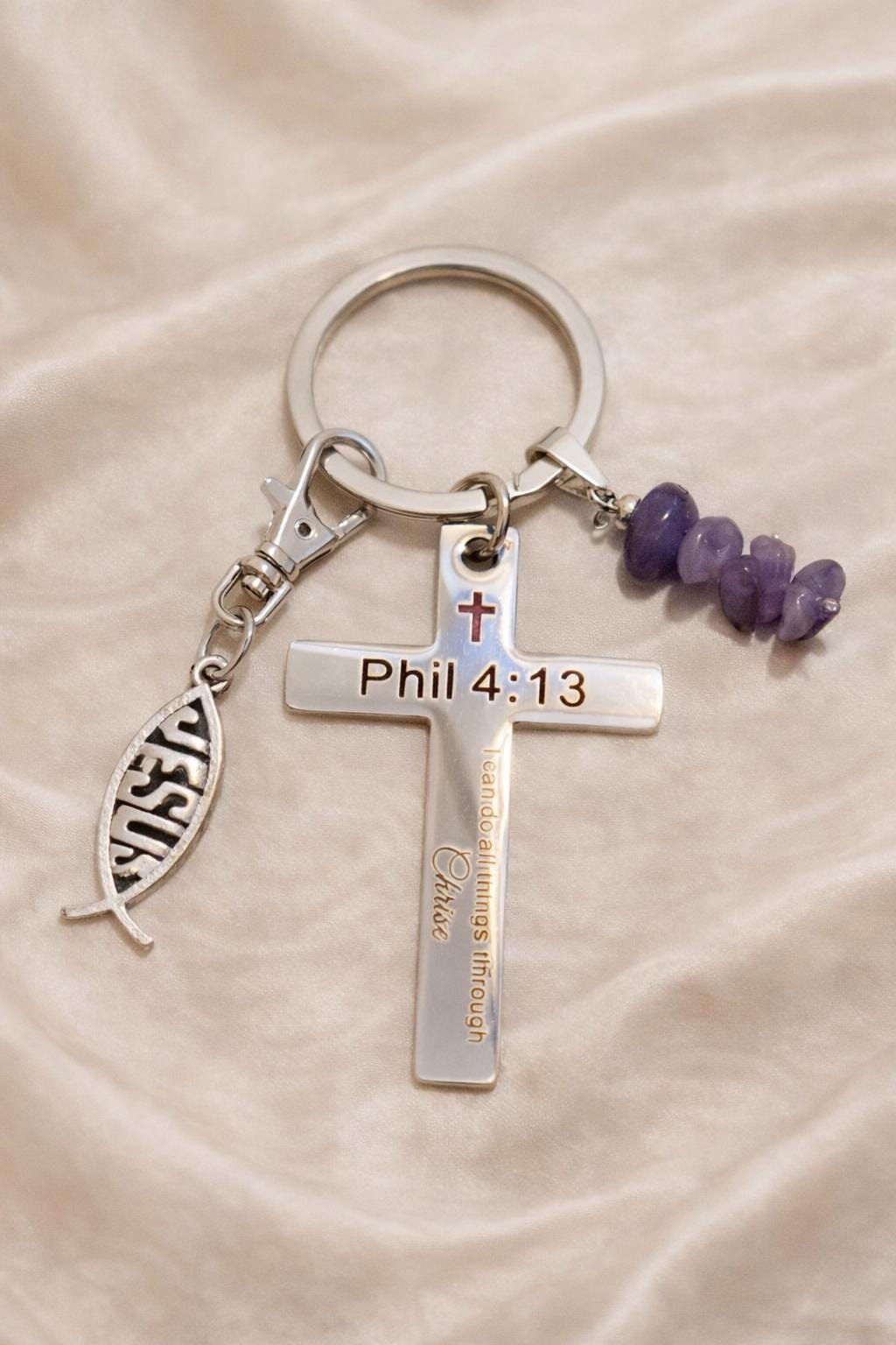Philippians 4:13 Cross Keyring – Christian Faith Keychain, Jesus Fish Charm, Amethyst Stone, Religious Gift for Him or Her
