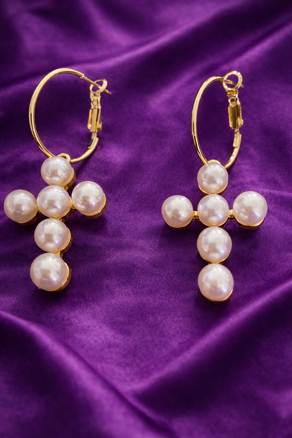 Pearl Cross Hoop Earrings – Gold Cross. Earrings, Christian Jewellery, Faith Earrings, Religious Gift for Women.