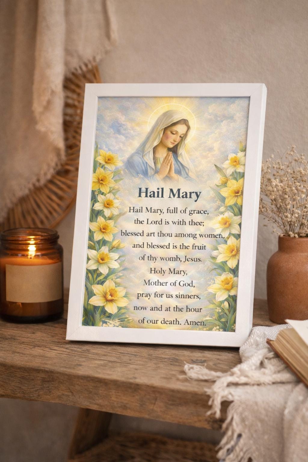 Hail Mary Prayer Wall Art A5 | Catholic Christian Print | Virgin Mary Religious Art | Faith Home Decor | Framed or Unframed