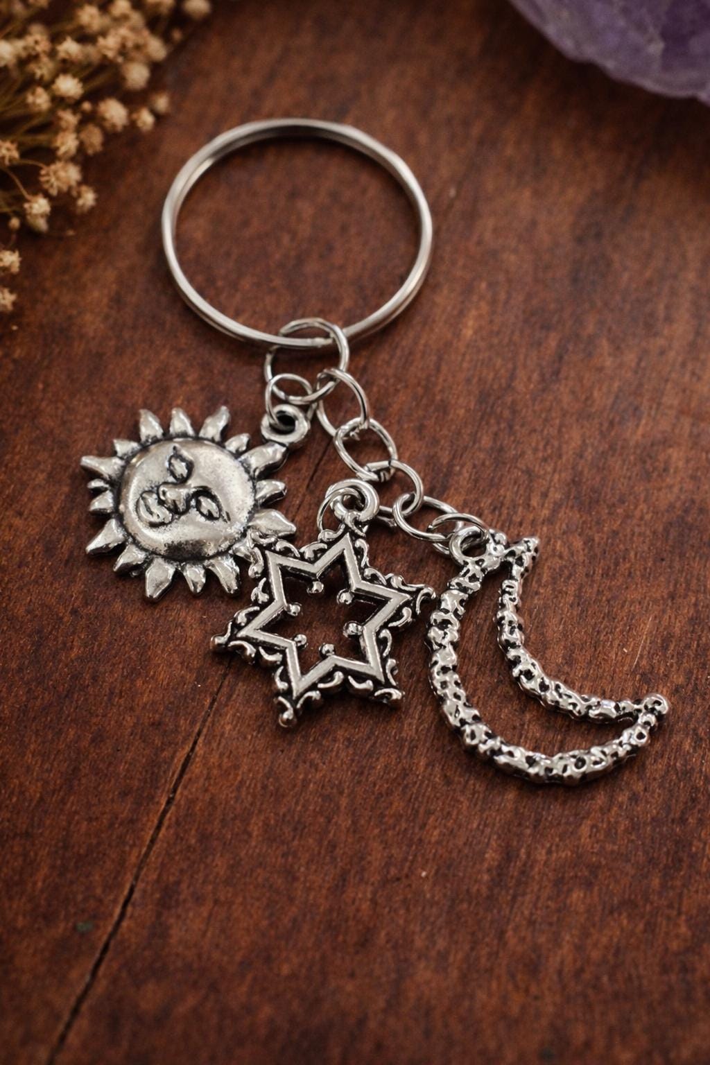 Mystical Bag Charm Keyring, Sun Moon Star Keychain, Boho Handbag Charm, Witchy Accessory, Spiritual Gift for Her