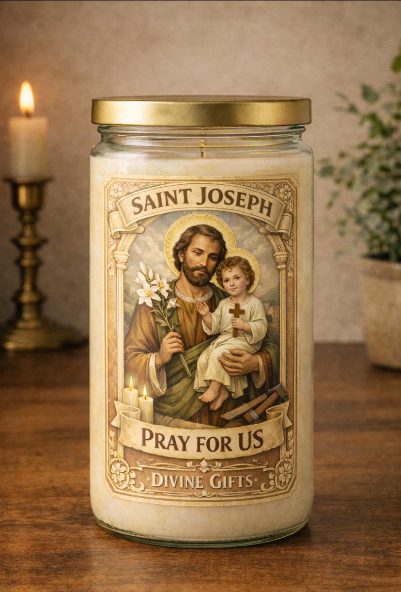 St Joseph Prayer Candle – Devotional Catholic Candle for Work, Home & Family | Saint Joseph Pray For Us | Religious Gift | Prayer card