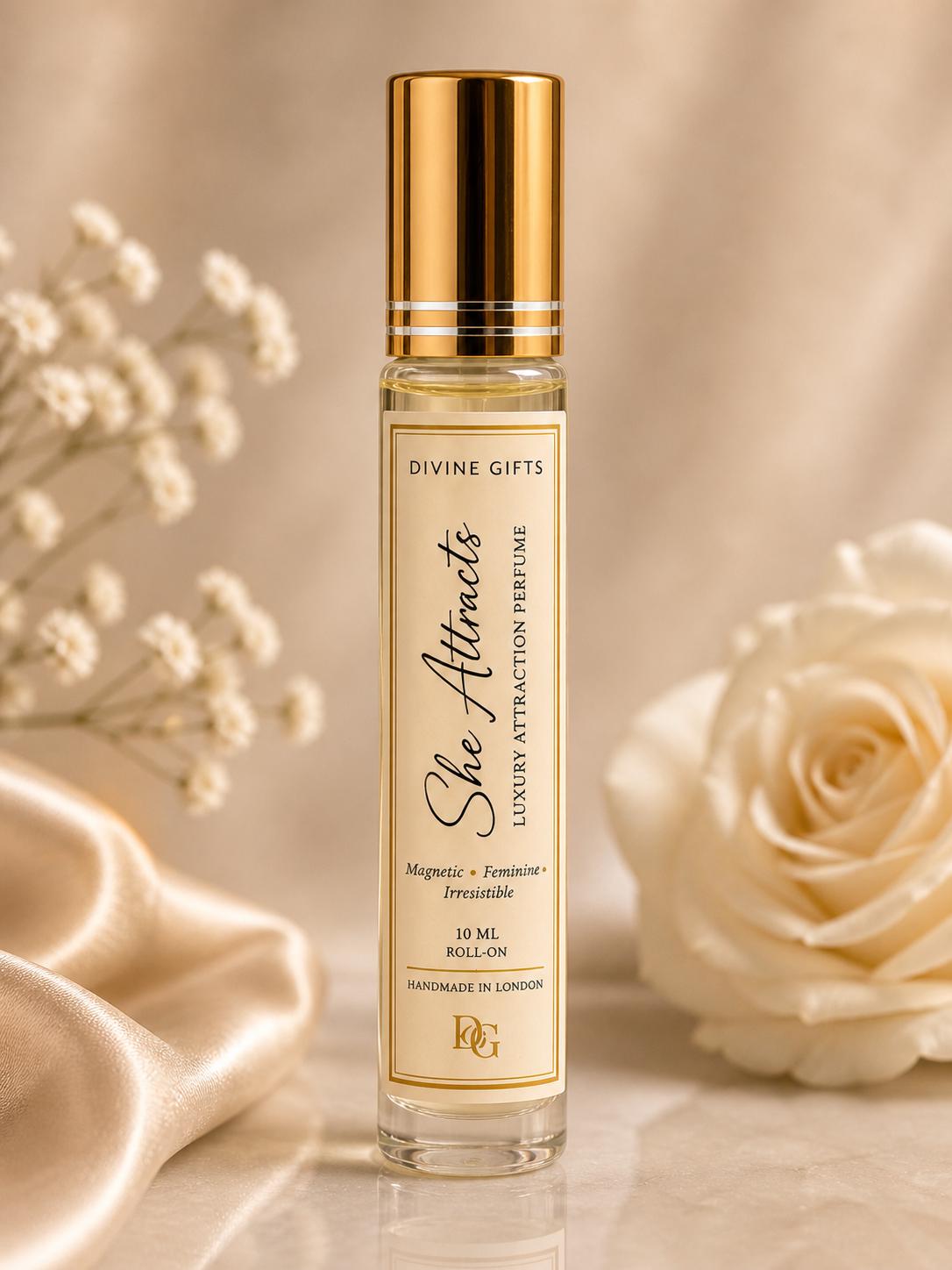 She Attracts Perfume Set | Luxury Feminine Fragrance | 30ml Spray & 10ml Roll On | Vanilla Musk Patchouli Scent | Gift for Her UK