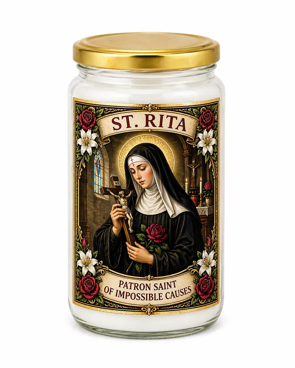 St Rita Prayer Candle | Patron Saint of Impossible Causes | White Devotional Candle in Glass Jar | Divine Gifts UK