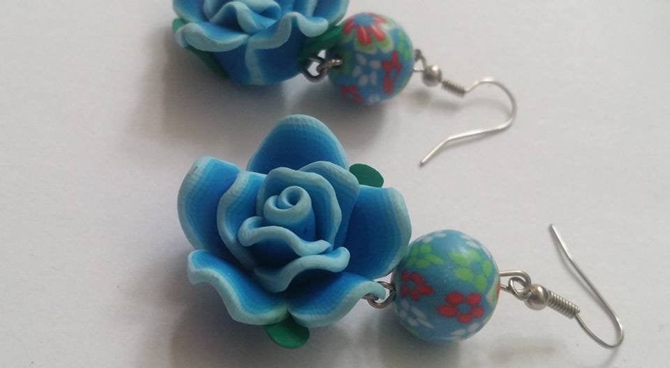 Kissys Fimo Blue Rose with Pretty Fimo Bead Flower design Dangling Party Earrings. - Blue