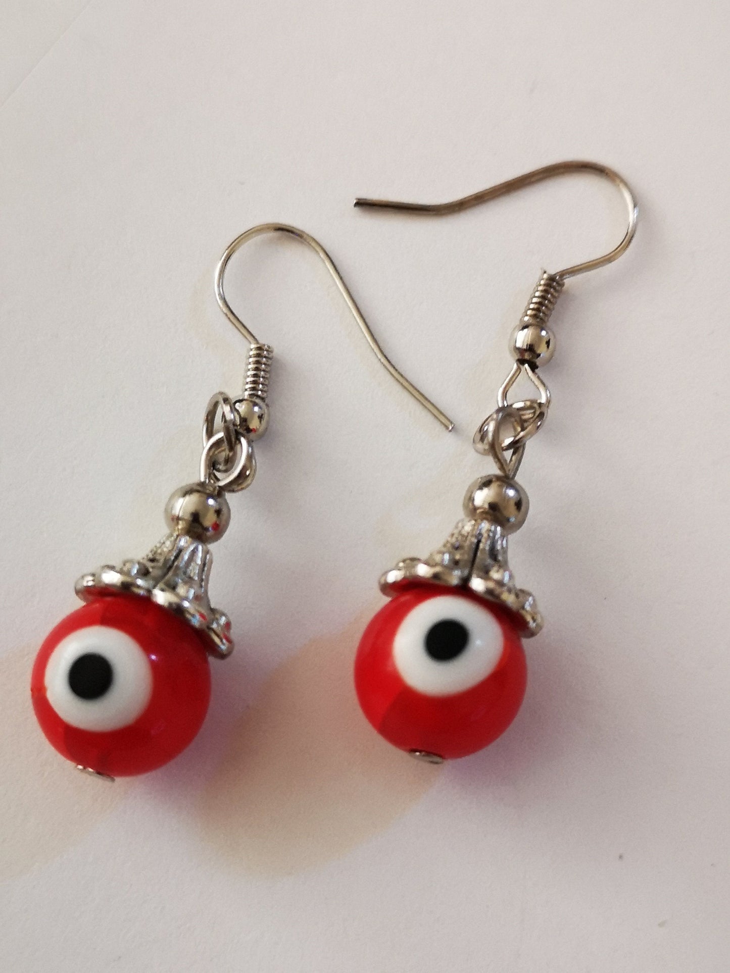 Red and White Evil Eye Spiritual Protection Ball Beaded Earrings, for Women, Girls, Men. - ST1
