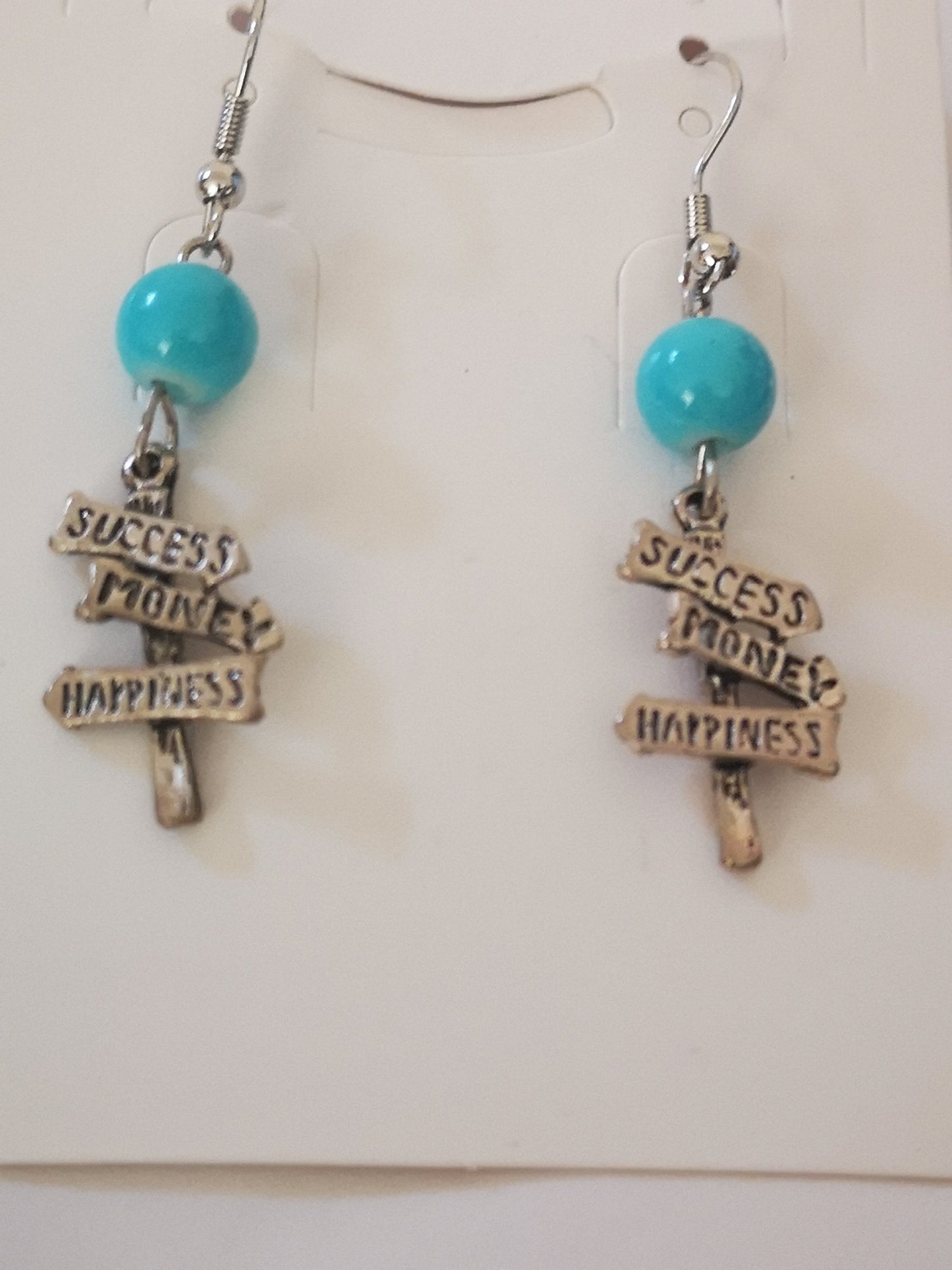 Success, Money and Happiness Charm Blue Ball Beaded Earrings, for Women, Girls, Men.
