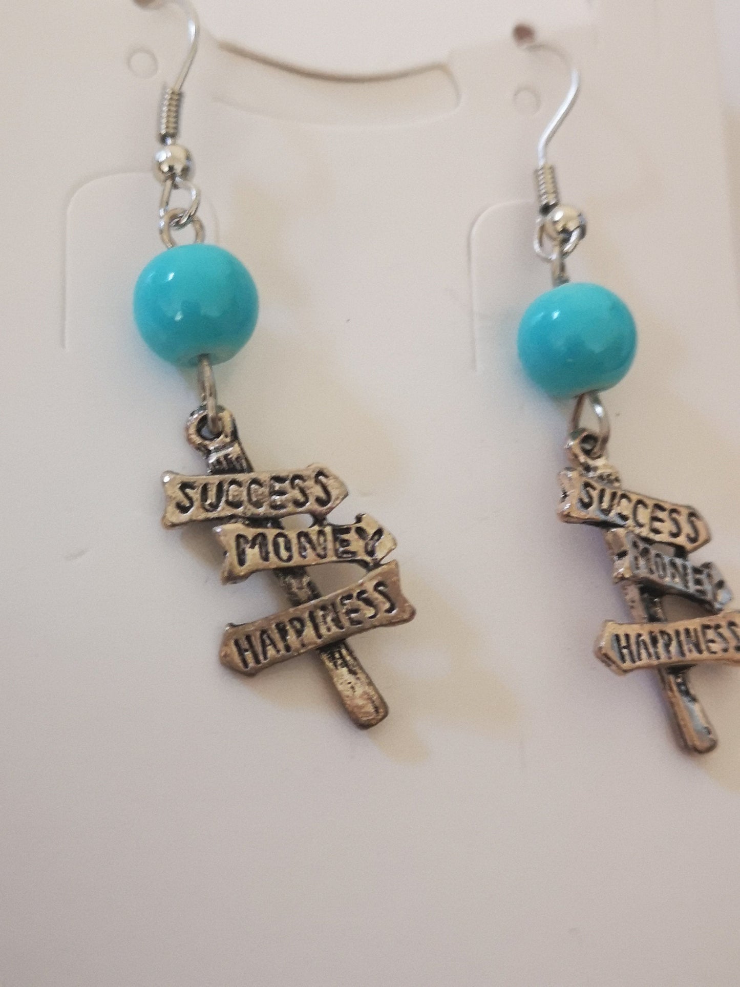 Success, Money and Happiness Charm Blue Ball Beaded Earrings, for Women, Girls, Men.