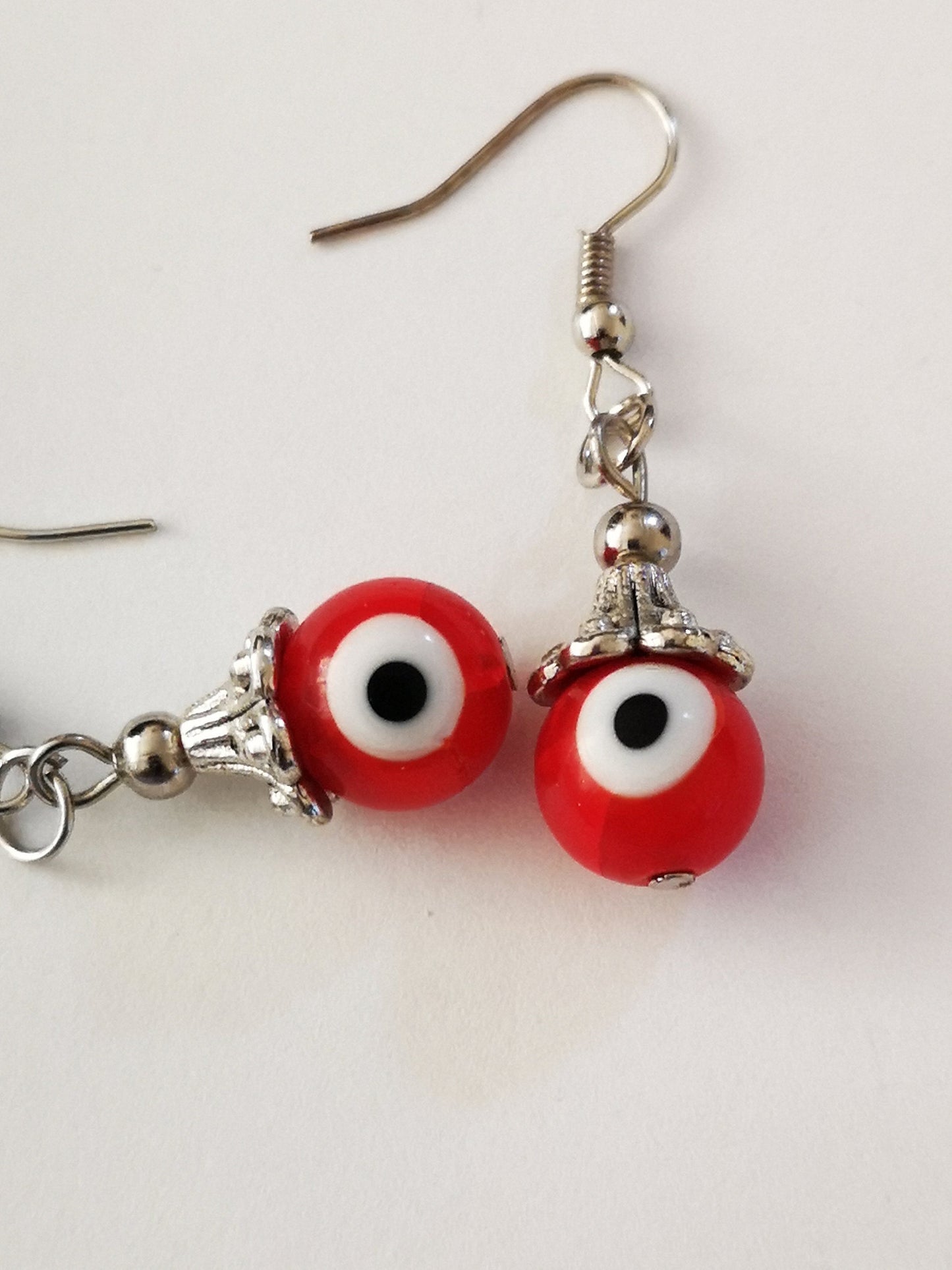 Red and White Evil Eye Spiritual Protection Ball Beaded Earrings, for Women, Girls, Men. - ST1