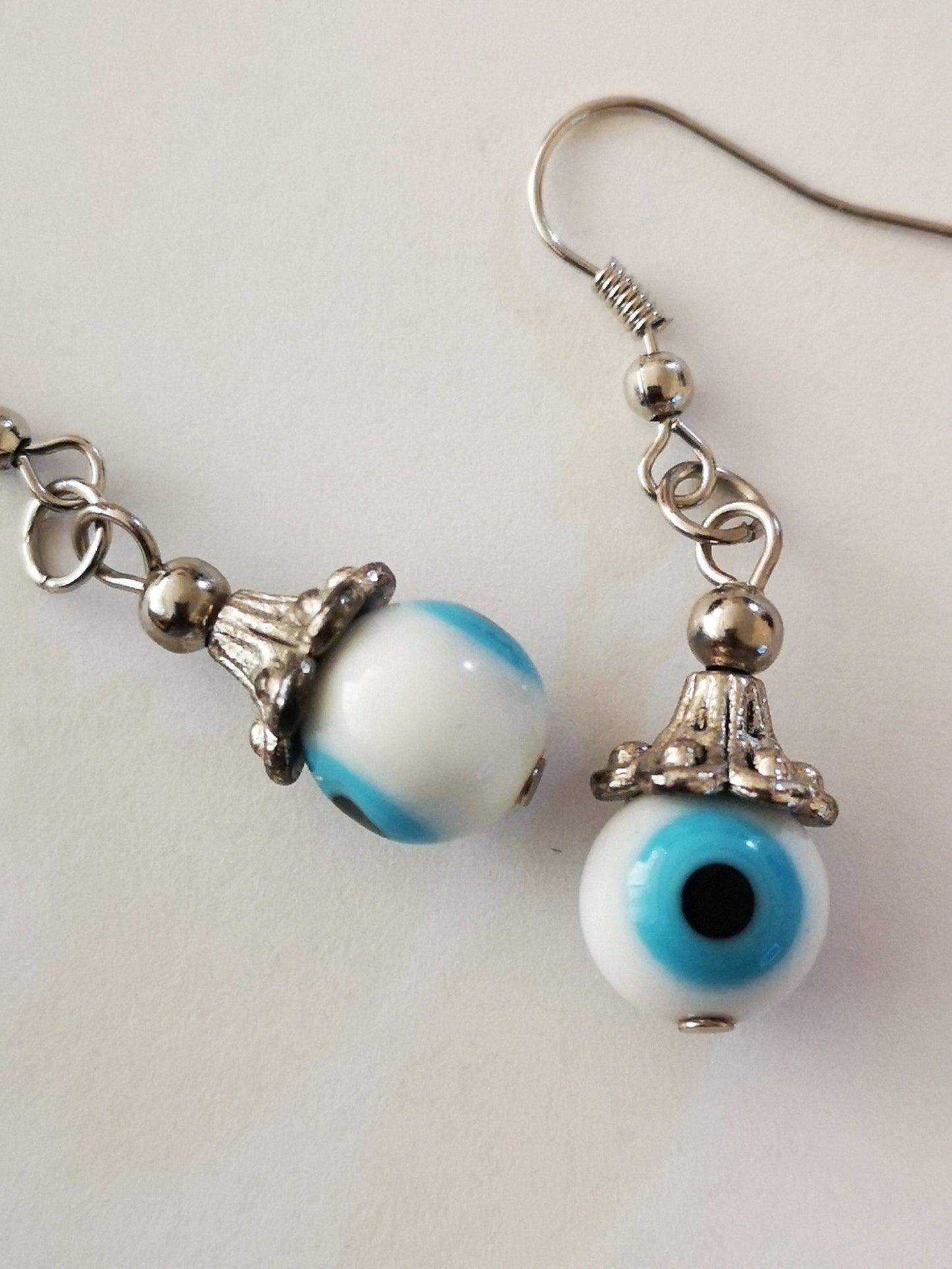 White and Blue Evil Eye Spiritual Protection Ball Beaded Earrings, for Women, Girls, Men. - ST1