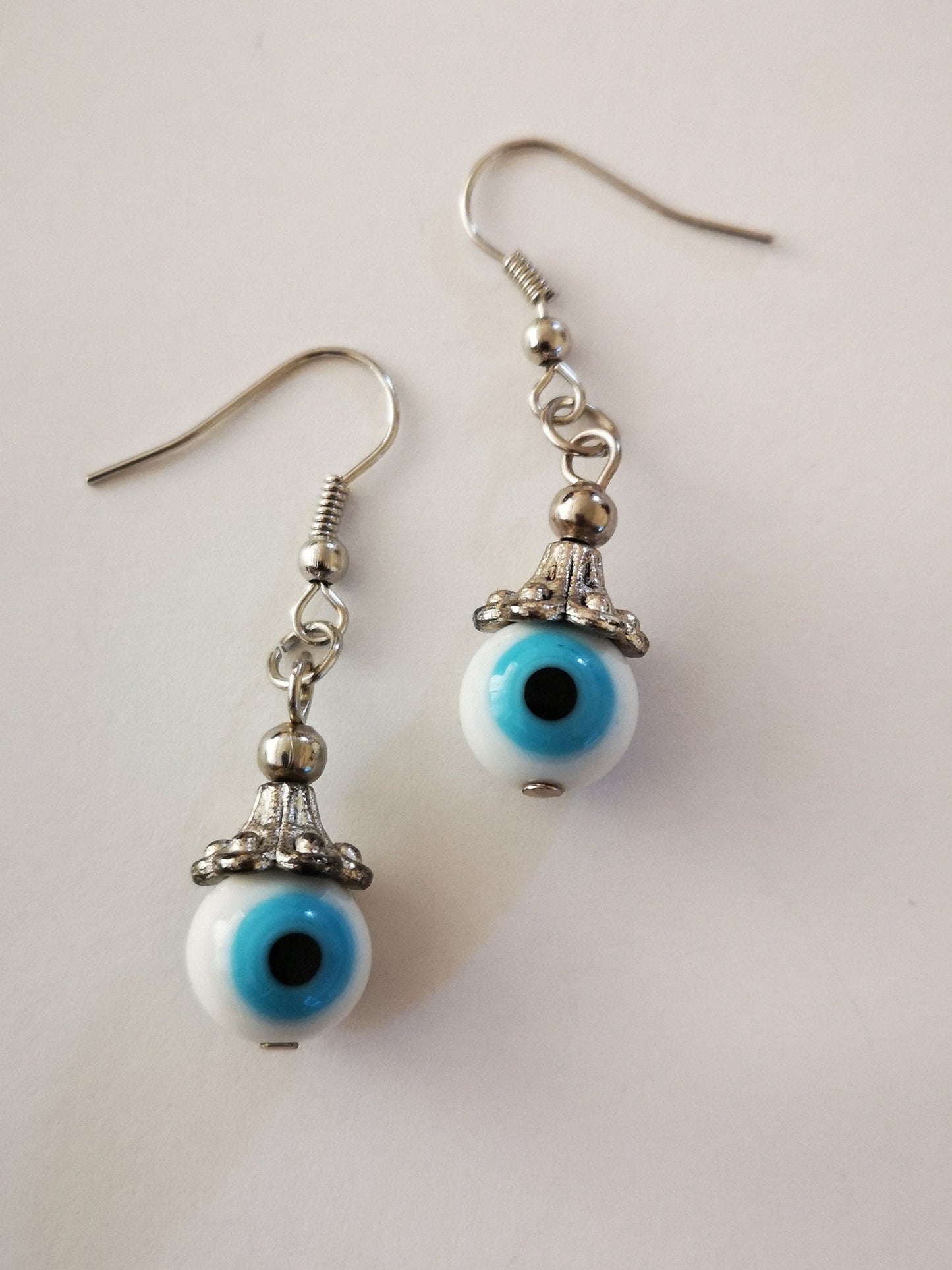 White and Blue Evil Eye Spiritual Protection Ball Beaded Earrings, for Women, Girls, Men. - ST1