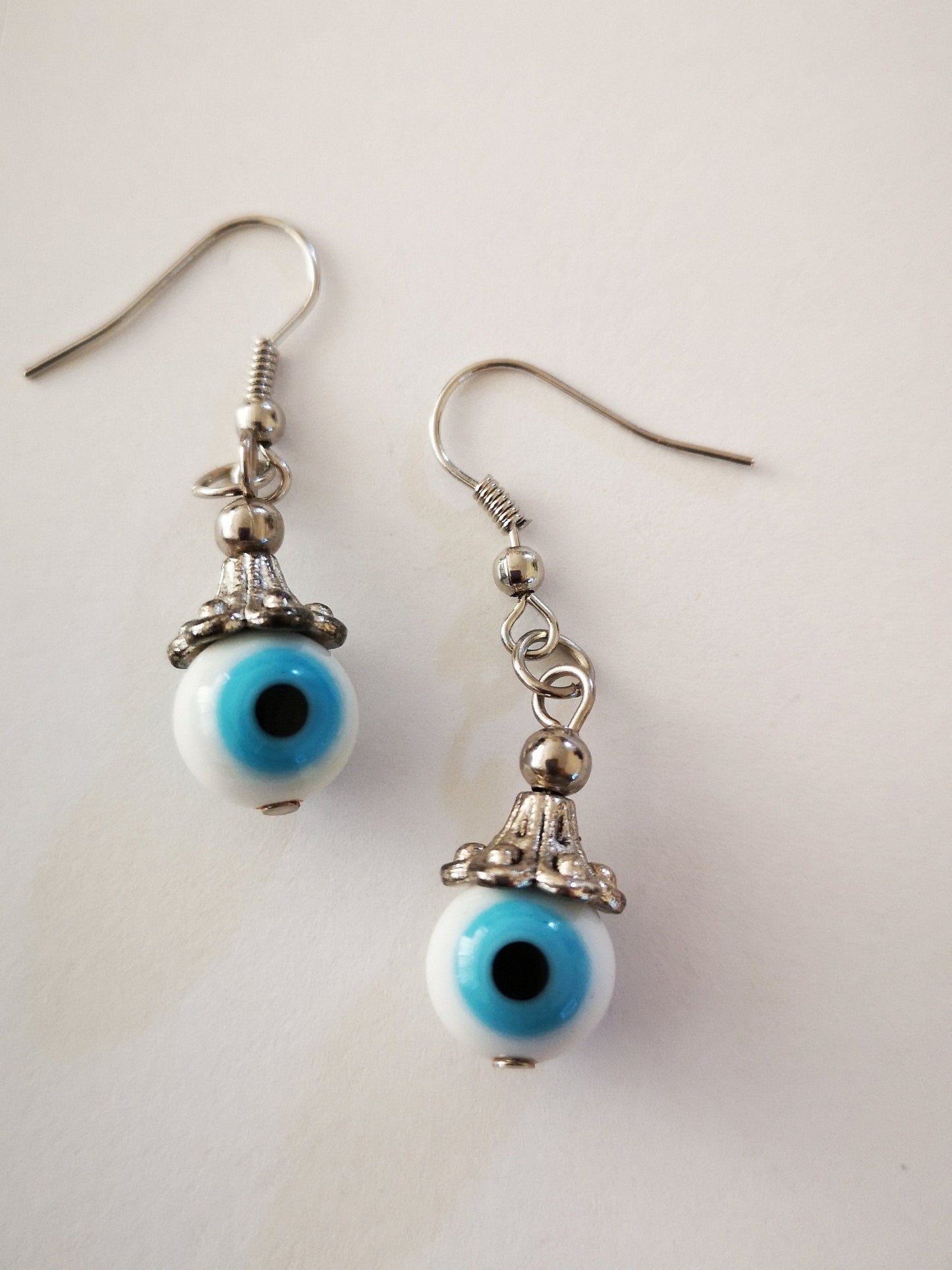 White and Blue Evil Eye Spiritual Protection Ball Beaded Earrings, for Women, Girls, Men. - ST1