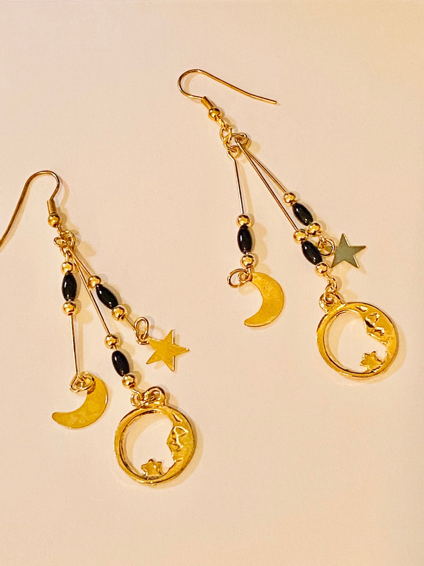Woman, Girls Star, Sun and Moon Gold Tone Dangle Earrings with Black Beads.