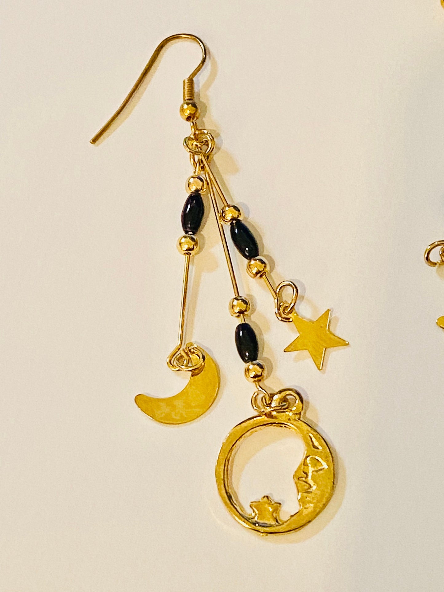 Woman, Girls Star, Sun and Moon Gold Tone Dangle Earrings with Black Beads.