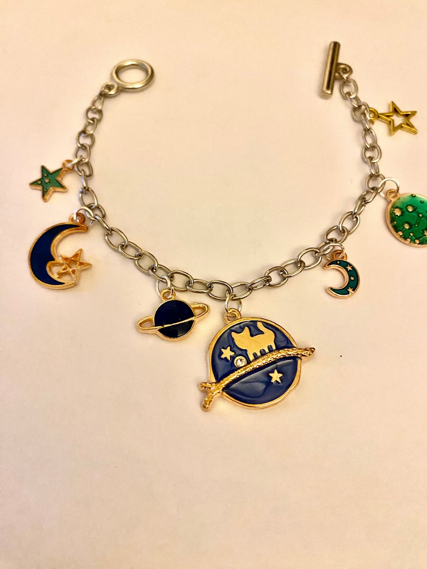 Planets, Moon and Stars Pretty Multi Charm Bracelet. Ladies, Girls, Gift For her, Birthday, Cute Gift. Style 9