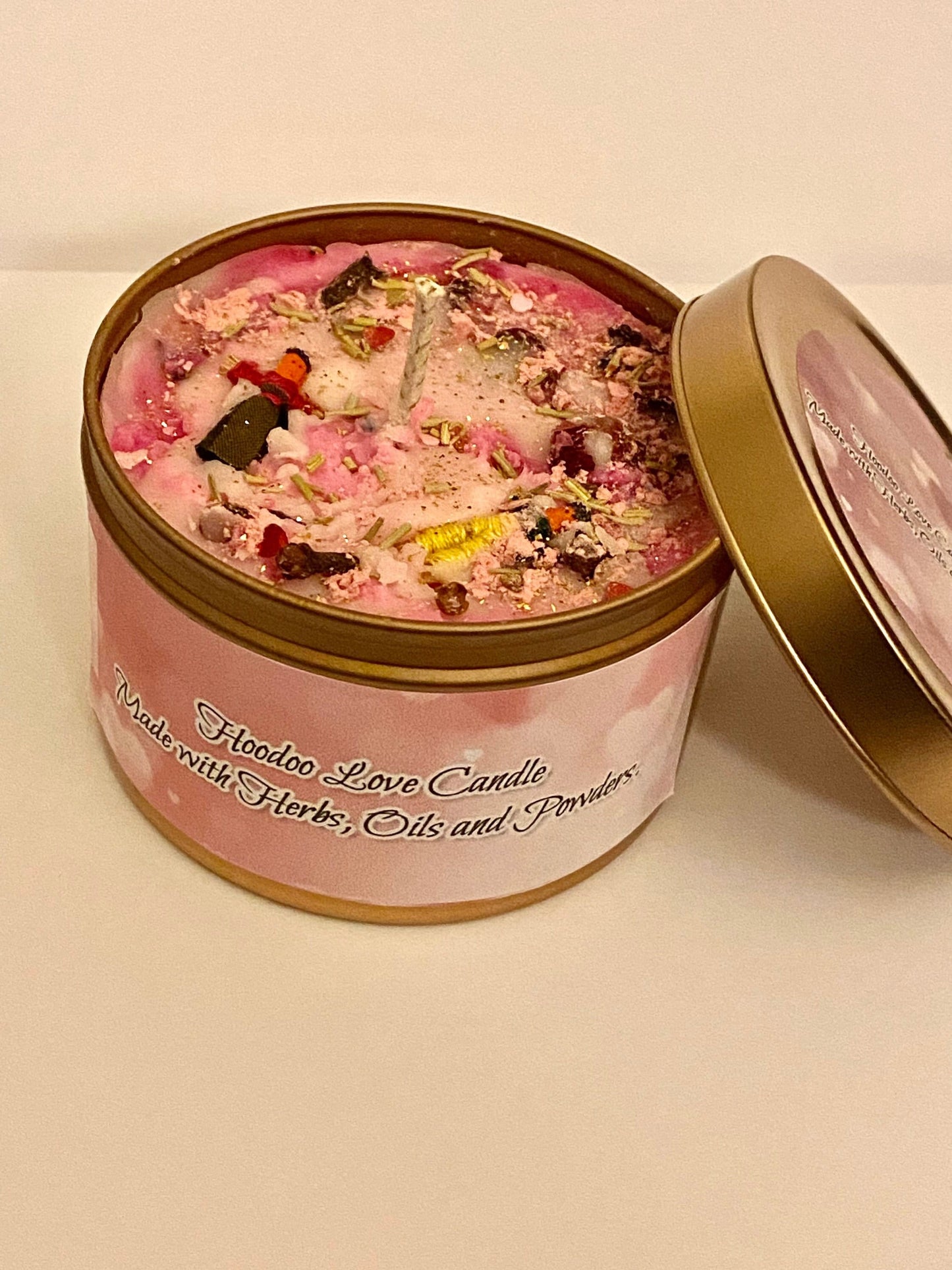 Hoodoo Magical Love Dolls in a Candle made with hoodoo oils, herbs, flowers and Crystals. 8oz
