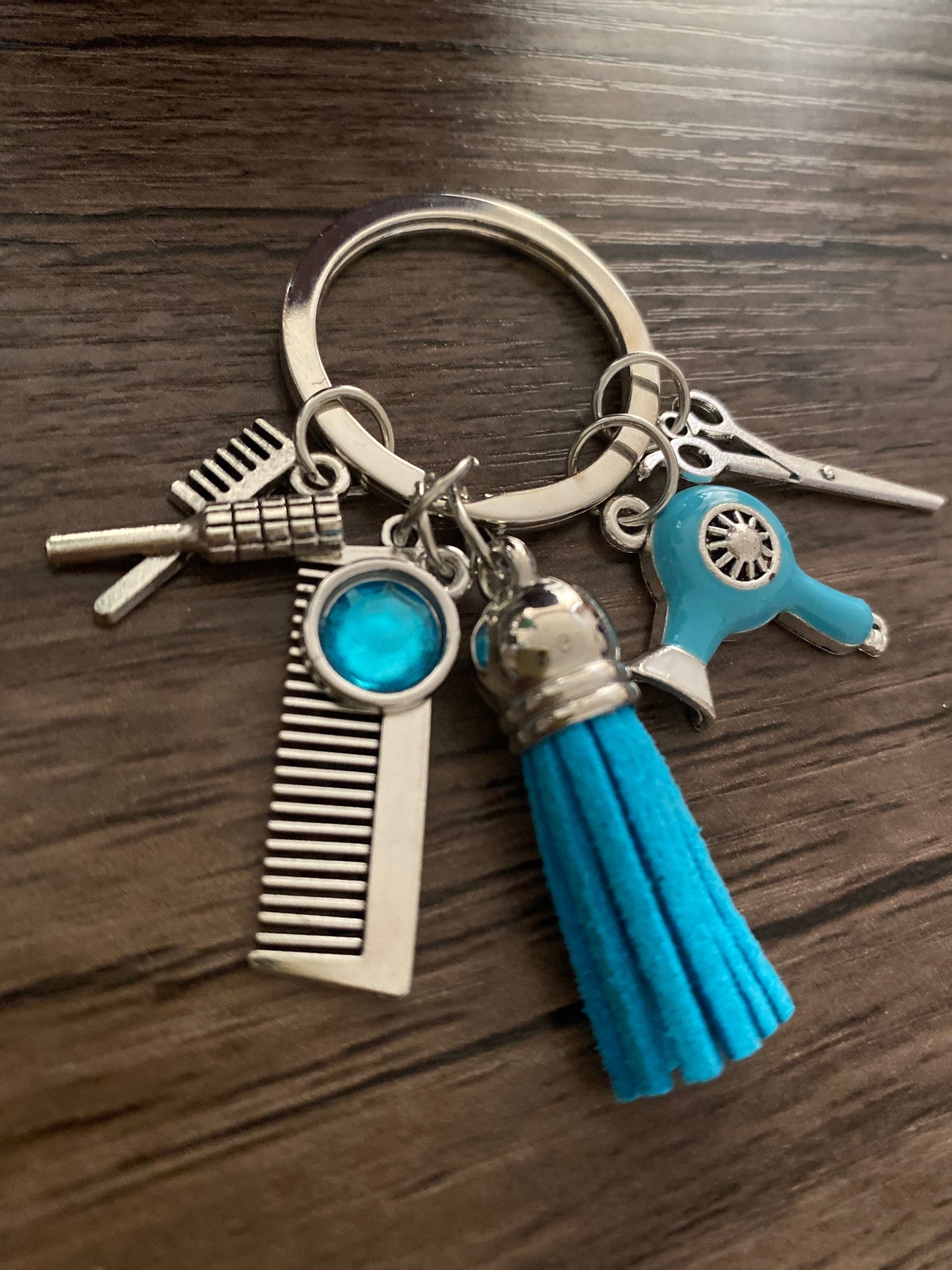 Blue Hairdresser, Fashion Student, Pretty Multi Charm Keyring, Hand Bag, Phone Charm. Gift For her, Birthday, Cute Gift, Fun, Cute..