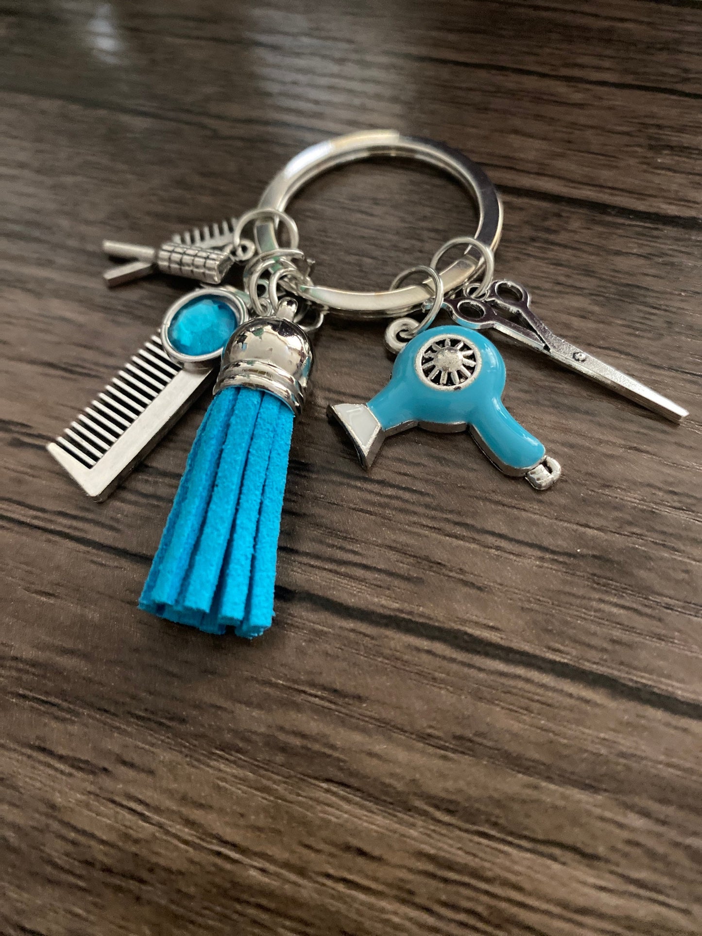 Blue Hairdresser, Fashion Student, Pretty Multi Charm Keyring, Hand Bag, Phone Charm. Gift For her, Birthday, Cute Gift, Fun, Cute..