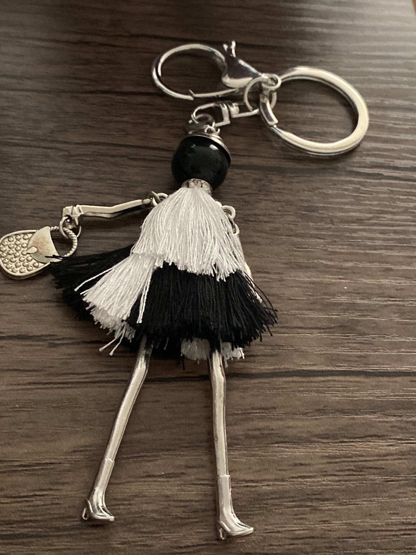 Black and White Threaded Doll Keyring, Hand Bag, Belt Phone Charm. Gift For her, Birthday, Cute Gift, Fun, Cute. Purse Charm, Jewellery.