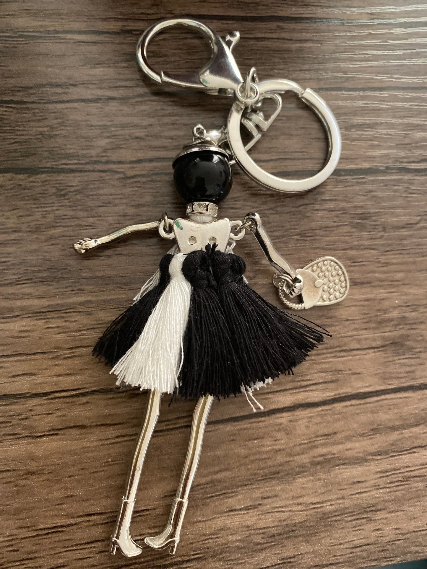 Black and White Threaded Doll Keyring, Hand Bag, Belt Phone Charm. Gift For her, Birthday, Cute Gift, Fun, Cute. Purse Charm, Jewellery.