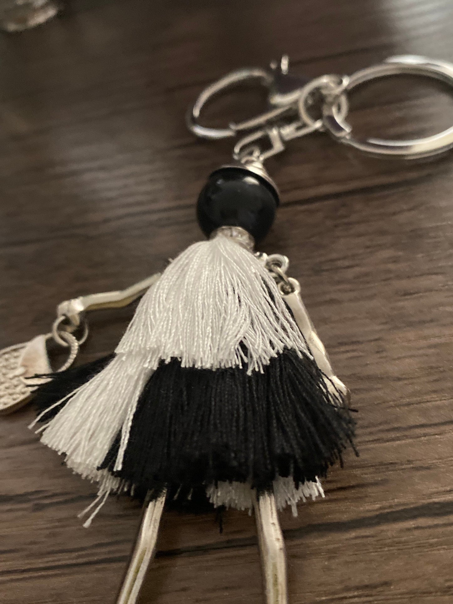 Black and White Threaded Doll Keyring, Hand Bag, Belt Phone Charm. Gift For her, Birthday, Cute Gift, Fun, Cute. Purse Charm, Jewellery.
