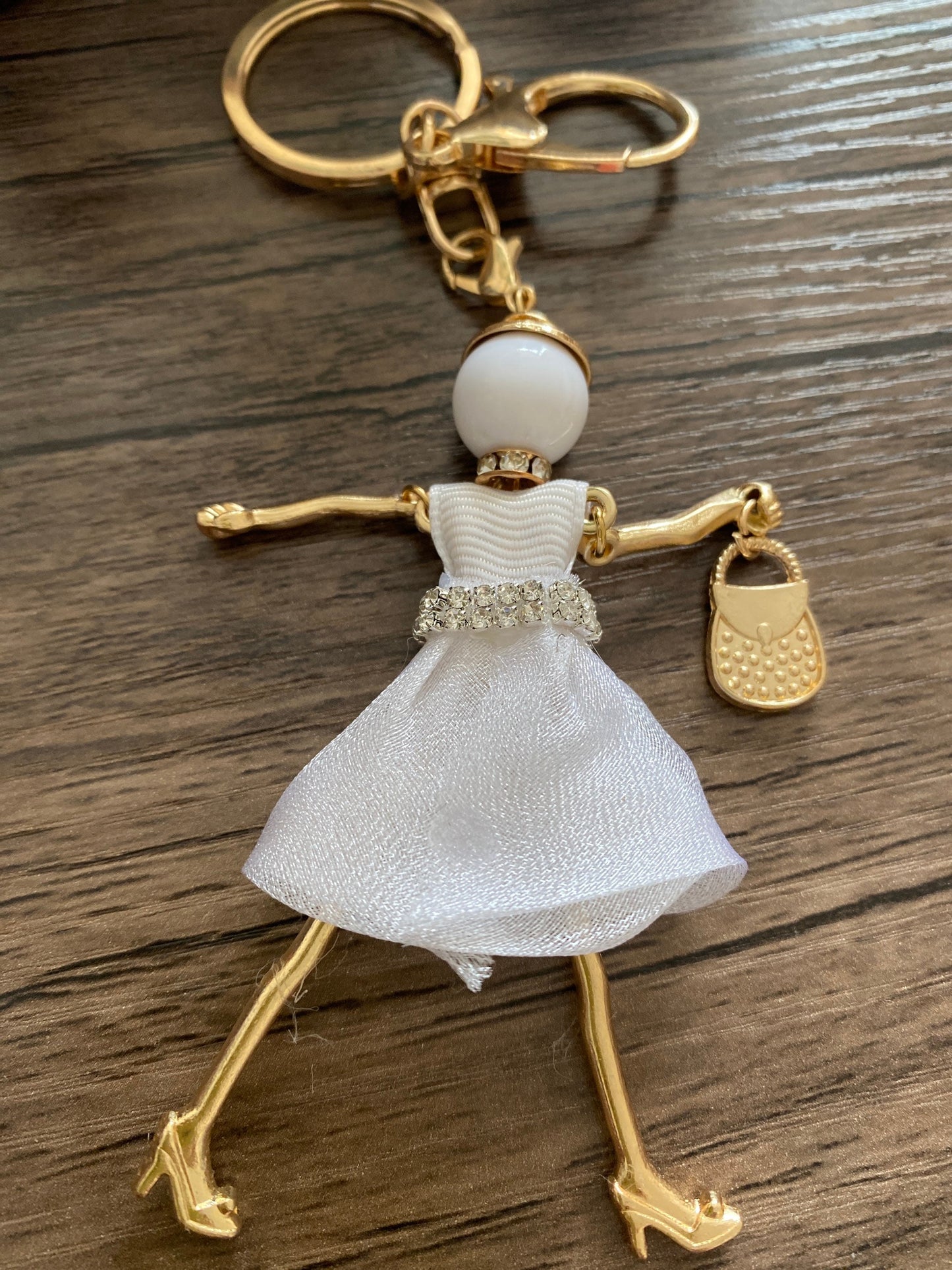 White Doll Keyring with Rhinestones, Hand Bag, Belt Phone Charm. Gift For her, Birthday, Cute Gift, Fun, Cute. Purse Charm, Jewellery.