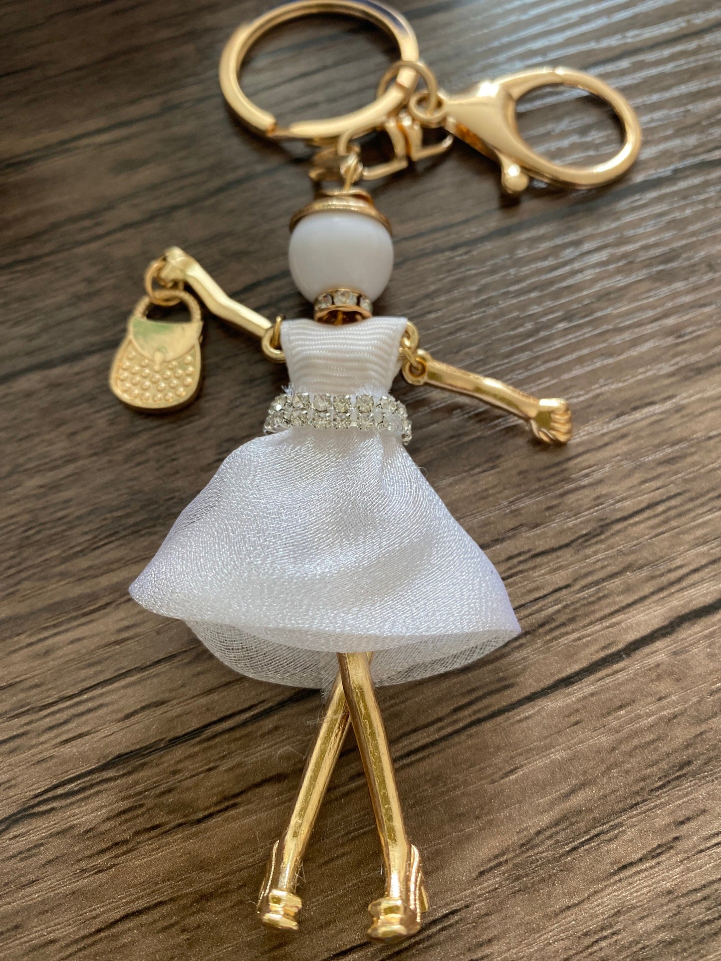 White Doll Keyring with Rhinestones, Hand Bag, Belt Phone Charm. Gift For her, Birthday, Cute Gift, Fun, Cute. Purse Charm, Jewellery.
