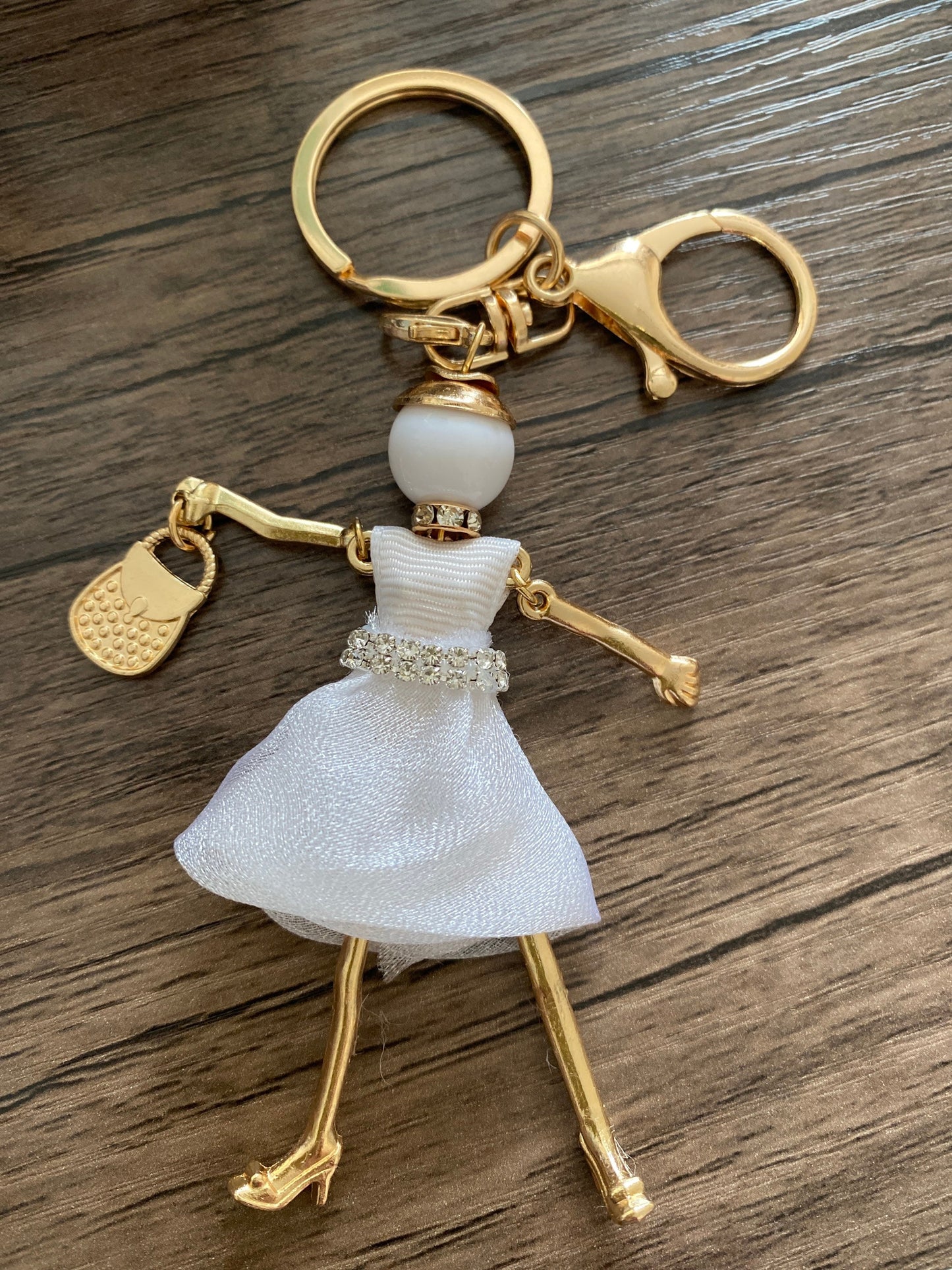 White Doll Keyring with Rhinestones, Hand Bag, Belt Phone Charm. Gift For her, Birthday, Cute Gift, Fun, Cute. Purse Charm, Jewellery.