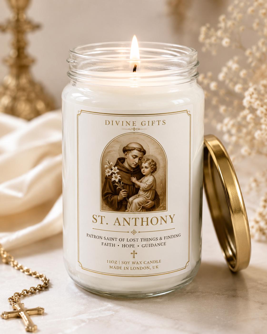 St. Anthony Prayer Candle | Patron Saint of Lost Things | White Soy Wax Devotional Candle | Catholic Gift | Divine Gifts UK