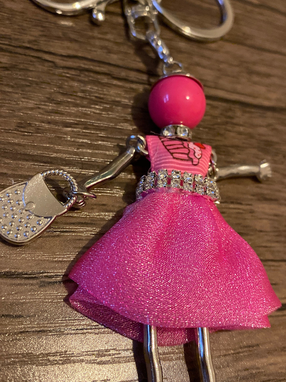 Pink Doll Keyring with Rhinestones,  Hand Bag, Belt Phone Charm. Gift For her, Birthday, Cute Gift, Fun, Cute. Purse Charm, Jewellery.