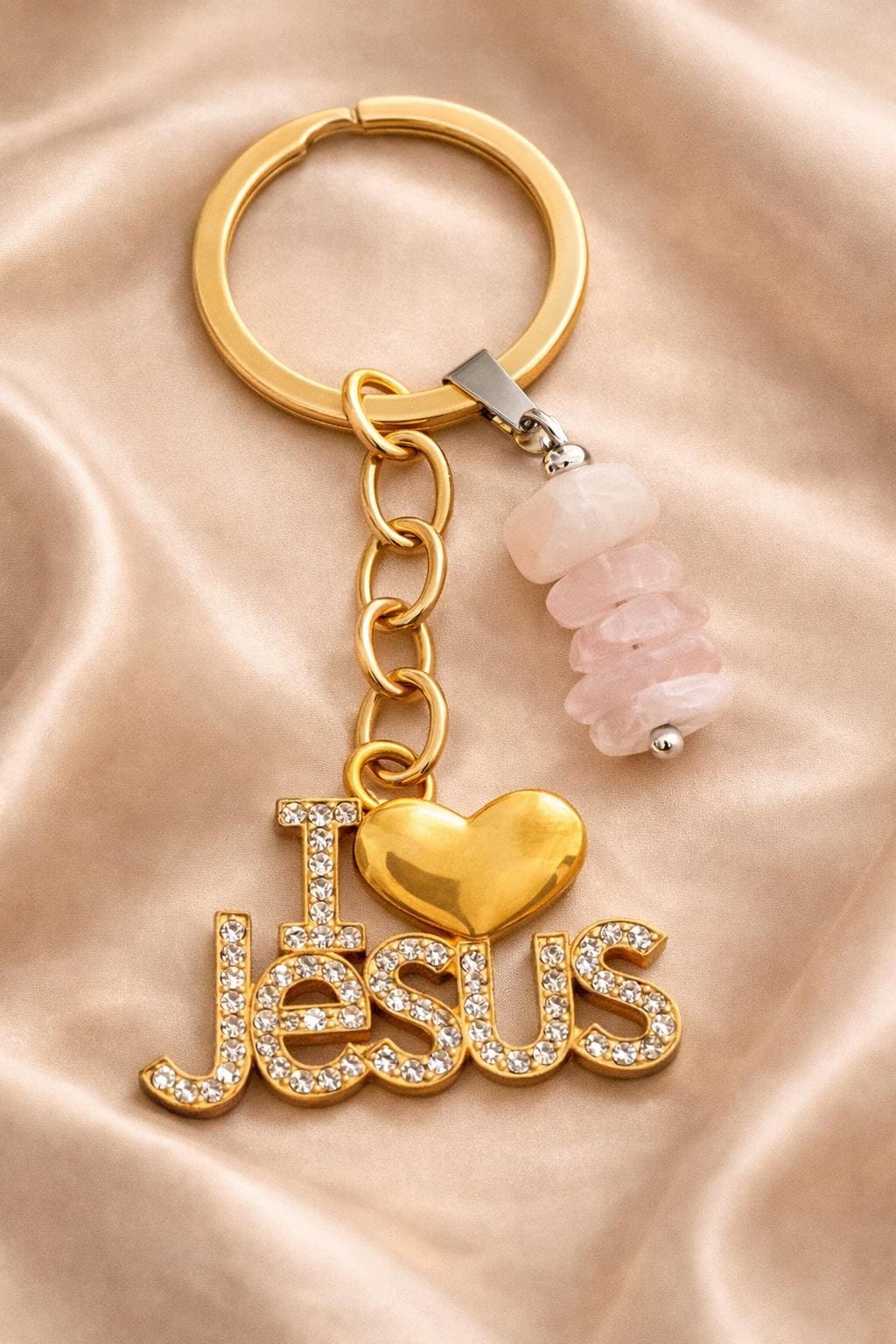I Love Jesus Keyring with Healing Crystals – Christian Gift, Faith Keychain, Amethyst, Turquoise, Black Onyx, Rose Quartz