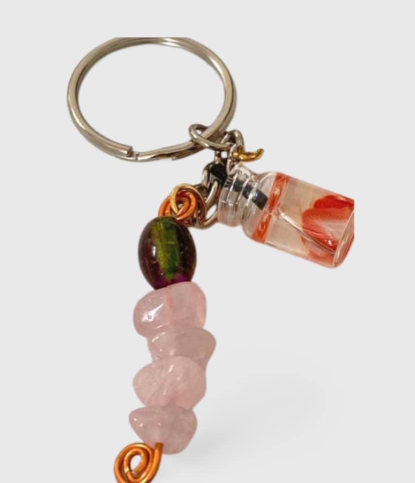 Rose Quartz Crystals Multi Charm Crystal and Copper Keyring, Hand Bag Charm, Gift For her, Birthday, Cute Gift.