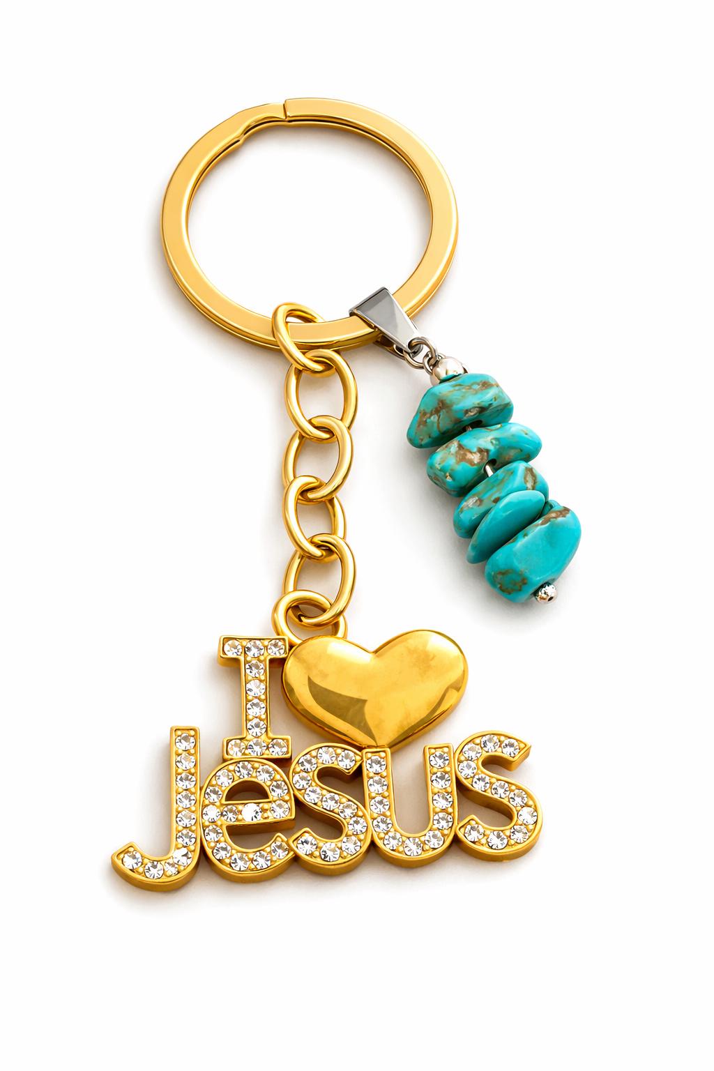 I Love Jesus Keyring with Healing Crystals – Christian Gift, Faith Keychain, Amethyst, Turquoise, Black Onyx, Rose Quartz