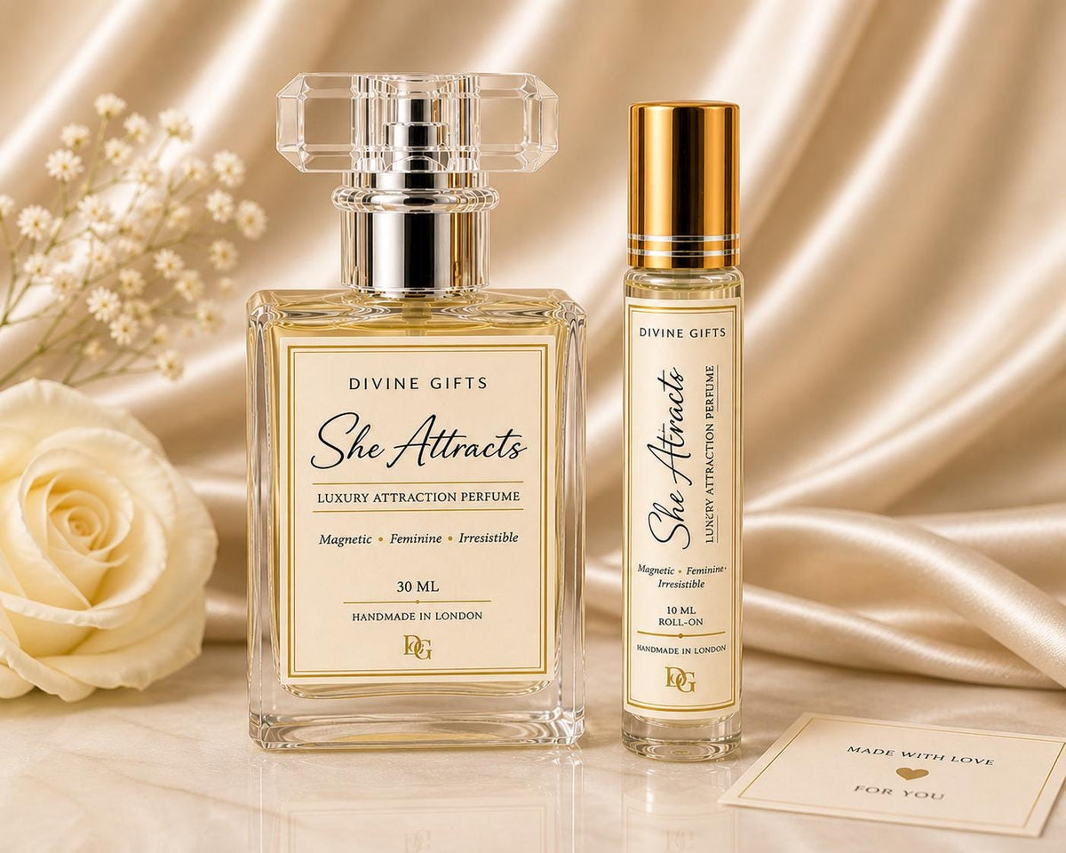 She Attracts Perfume Set | Luxury Feminine Fragrance | 30ml Spray & 10ml Roll On | Vanilla Musk Patchouli Scent | Gift for Her UK