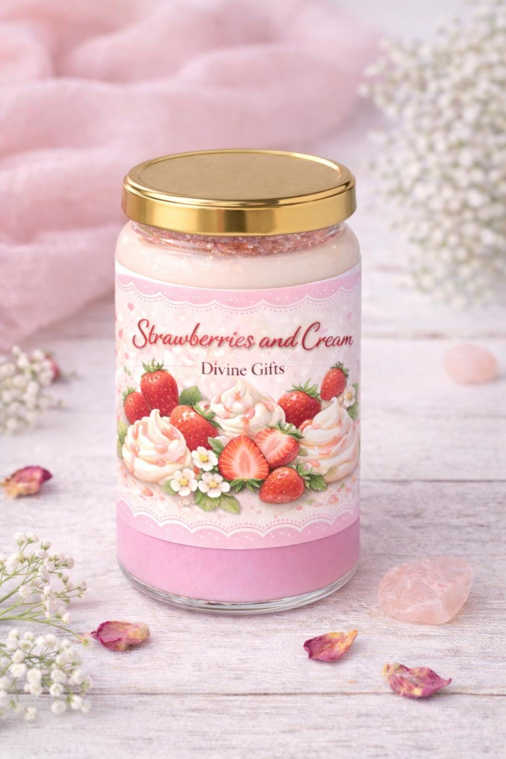 Strawberries and Cream Candle | Sweet Dessert Scented Candle | Pink and Cream Candle | Self Care Gift | Divine Gifts