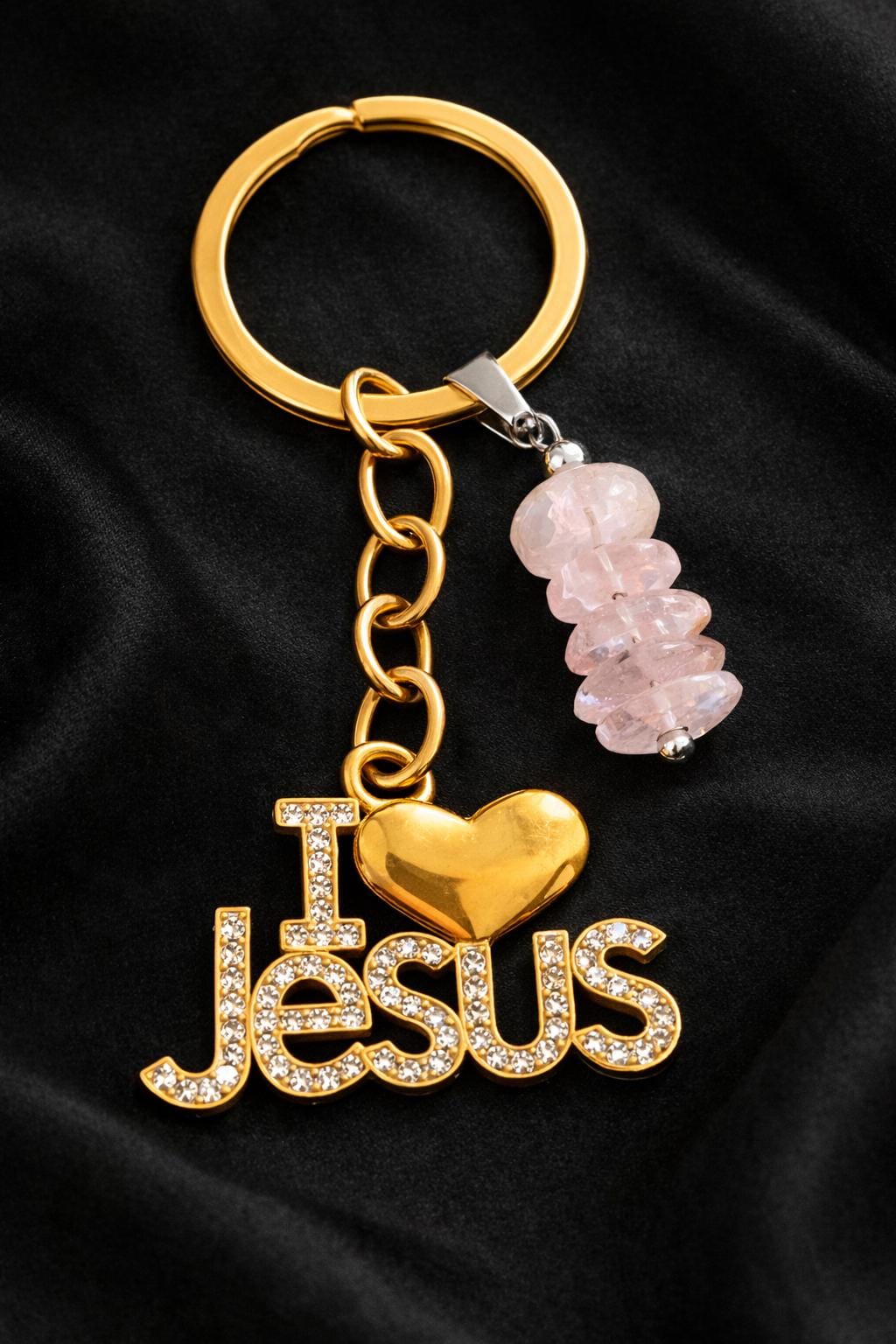I Love Jesus Keyring with Healing Crystals – Christian Gift, Faith Keychain, Amethyst, Turquoise, Black Onyx, Rose Quartz