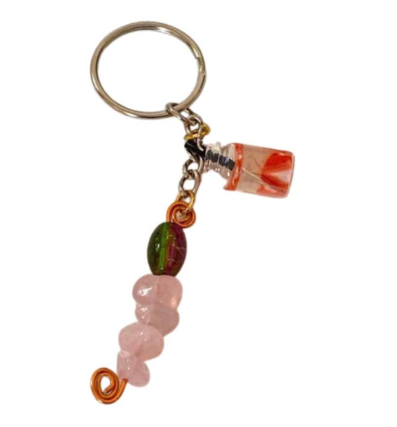 Rose Quartz Crystals Multi Charm Crystal and Copper Keyring, Hand Bag Charm, Gift For her, Birthday, Cute Gift.