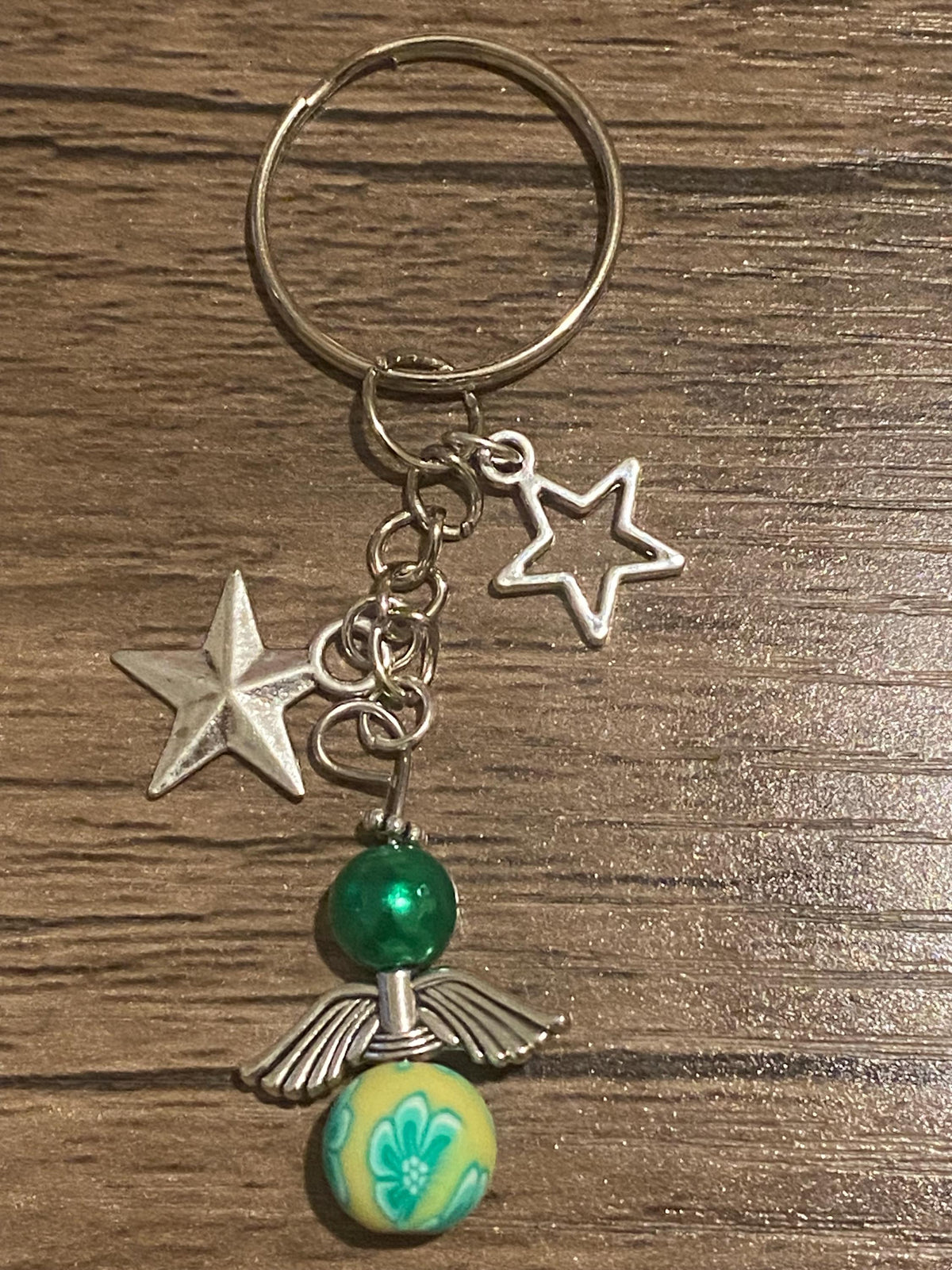 Green Angel Keychain with Silver Stars | Floral Bead Charm | Lucky Guardian Angel Gift | Positive Energy Keyring | Spiritual Boho Gift