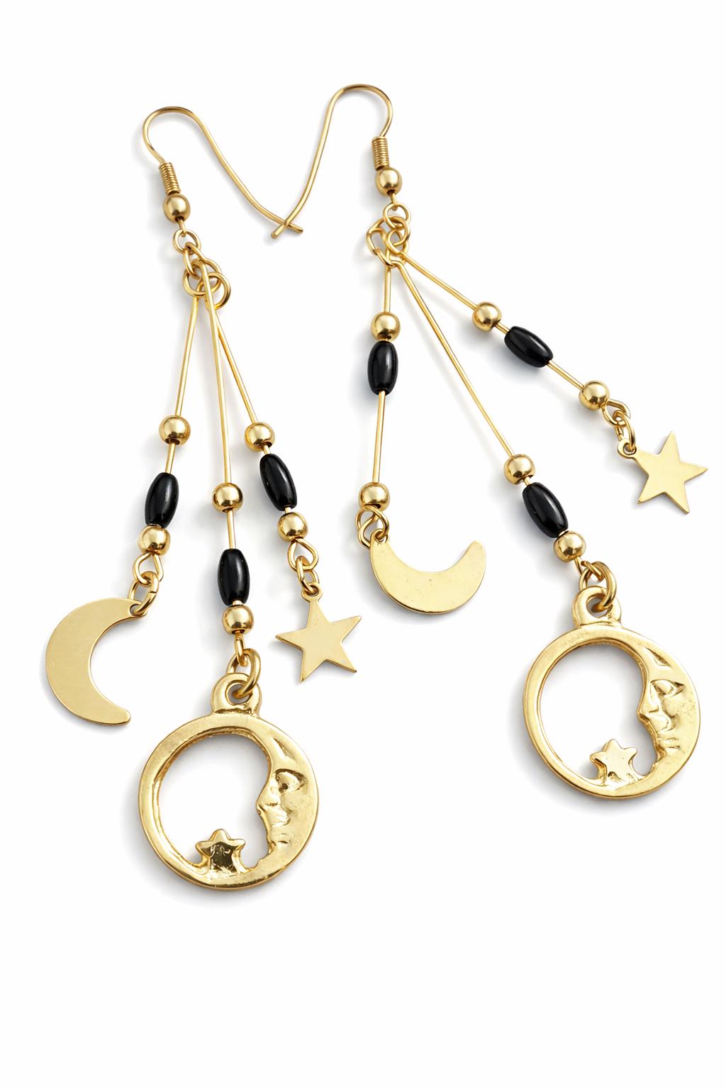 Celestial Moon & Star Dangle Earrings, Gold Cosmic Earrings with Black Beads, Witchy Boho Jewellery, Gift for Her