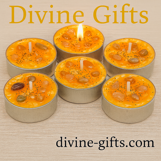 Crystal Infused Tealight Candle | Orange Wax with Gemstones | Spiritual Halloween Candle | Divine Gifts